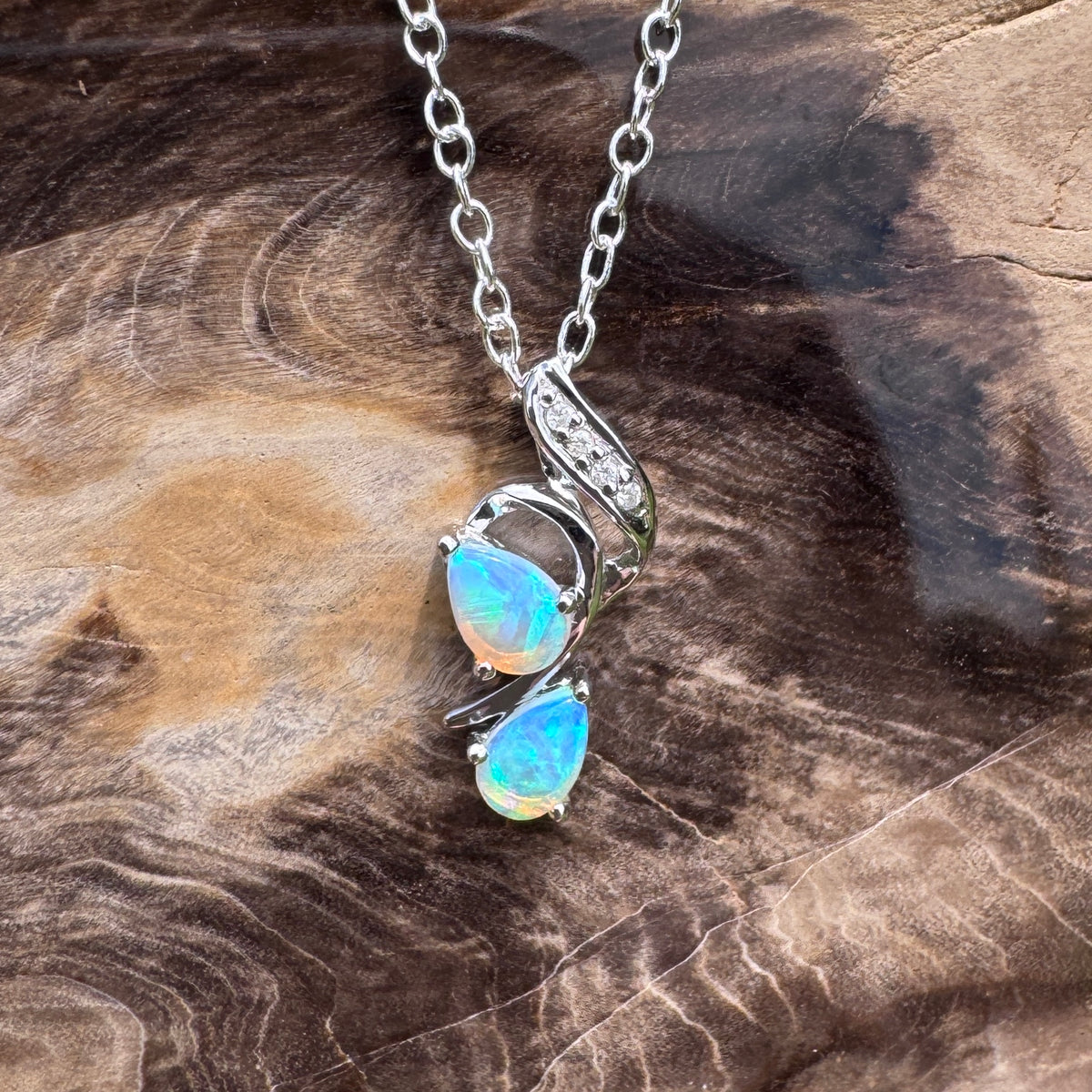 0.5ct Lightning Ridge Crystal Opal & Diamond Pendant Necklace ~ 'Mossman Gorge Blues' | 14ct White Gold | Solid Australian Opal