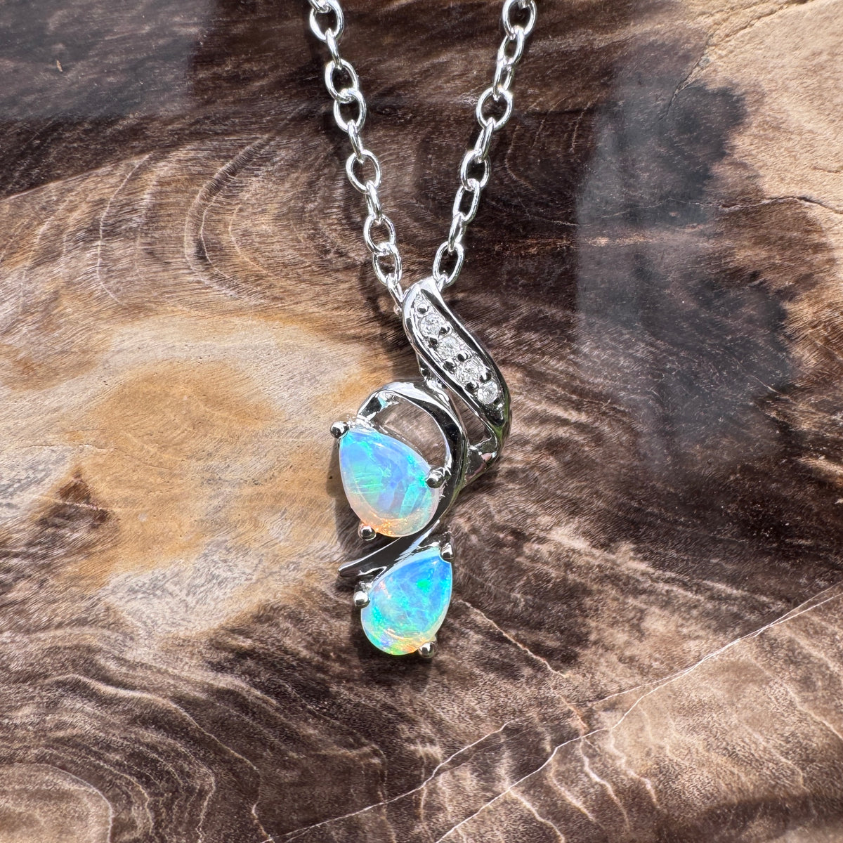 0.5ct Lightning Ridge Crystal Opal & Diamond Pendant Necklace ~ 'Mossman Gorge Blues' | 14ct White Gold | Solid Australian Opal