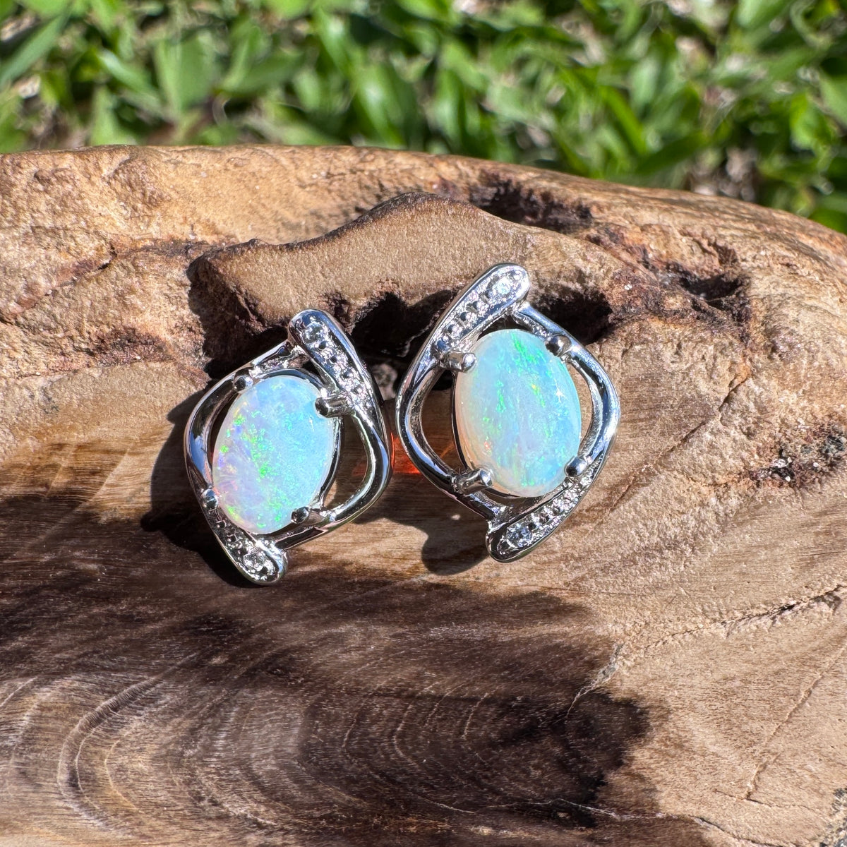 0.9ct Lightning Ridge Opal & Cubic Zirconia Stud Earrings ~ 'Merimbula Blues' | 925 Sterling Silver | Solid Australian Opal