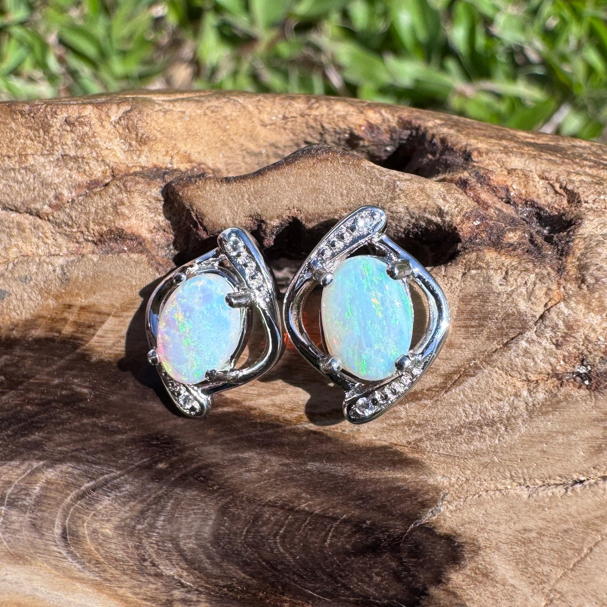 0.9ct Lightning Ridge Opal & Cubic Zirconia Stud Earrings ~ 'Merimbula Blues' | 925 Sterling Silver | Solid Australian Opal