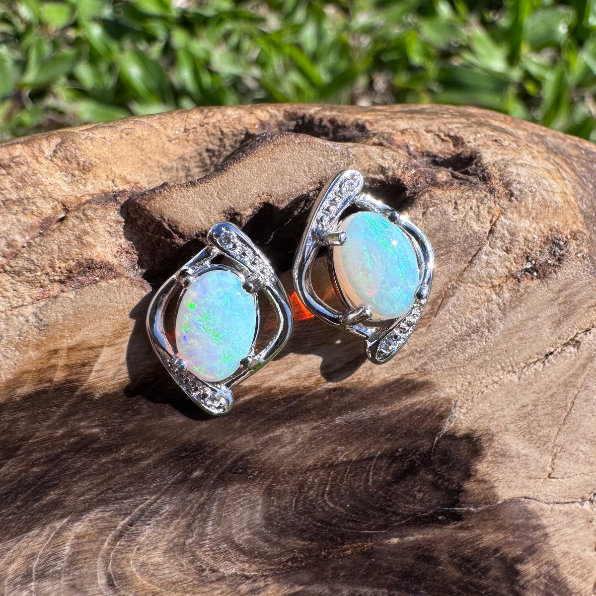 0.9ct Lightning Ridge Opal & Cubic Zirconia Stud Earrings ~ 'Merimbula Blues' | 925 Sterling Silver | Solid Australian Opal