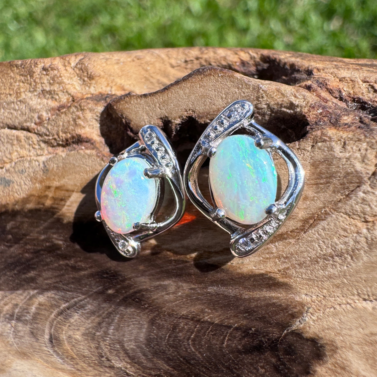 0.9ct Lightning Ridge Opal & Cubic Zirconia Stud Earrings ~ 'Merimbula Blues' | 925 Sterling Silver | Solid Australian Opal