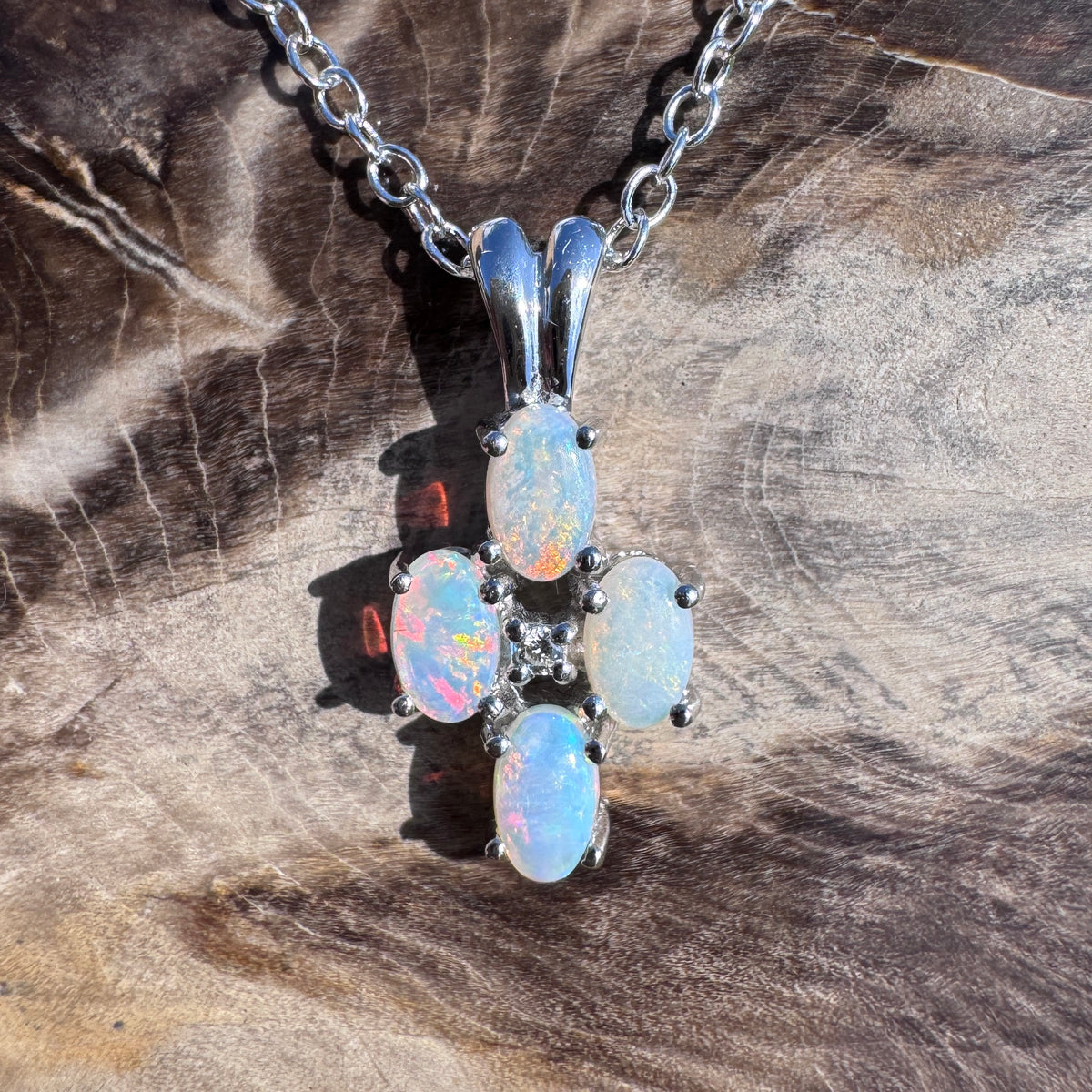0.6ct Coober Pedy Opal & Diamond Cross Pendant Necklace ~ 'Coorong Cross' | 14ct White Gold | Solid Australian Opal
