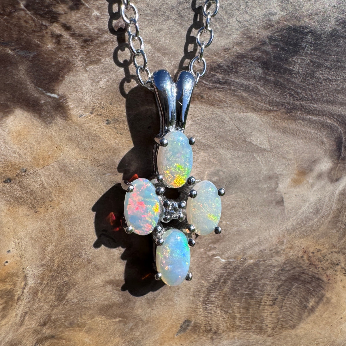 0.6ct Coober Pedy Opal & Diamond Cross Pendant Necklace ~ 'Coorong Cross' | 14ct White Gold | Solid Australian Opal