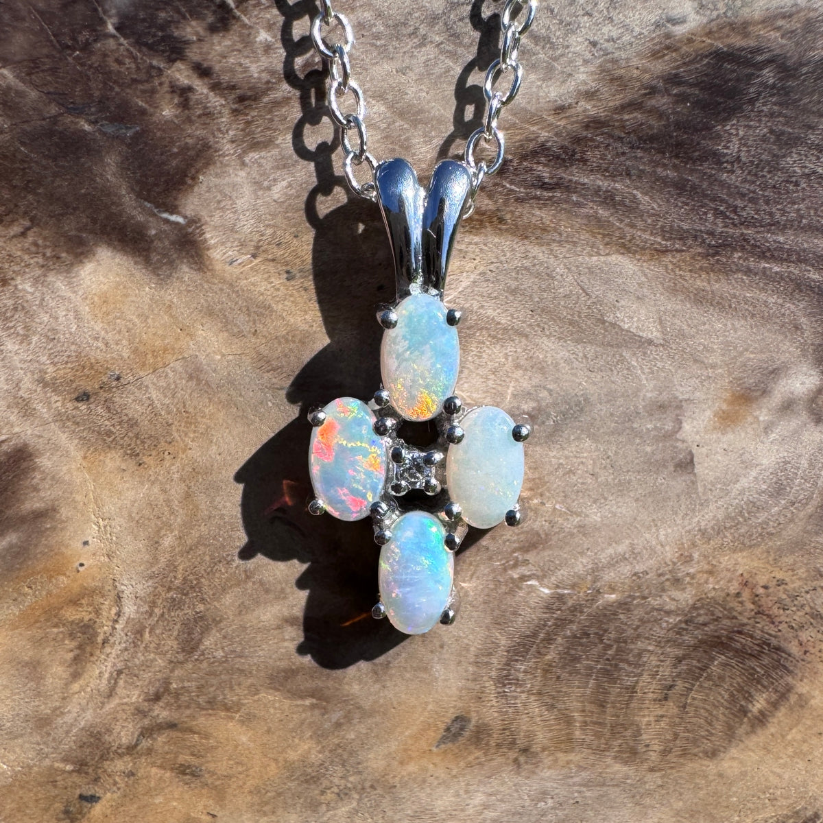 0.6ct Coober Pedy Opal & Diamond Cross Pendant Necklace ~ 'Coorong Cross' | 14ct White Gold | Solid Australian Opal