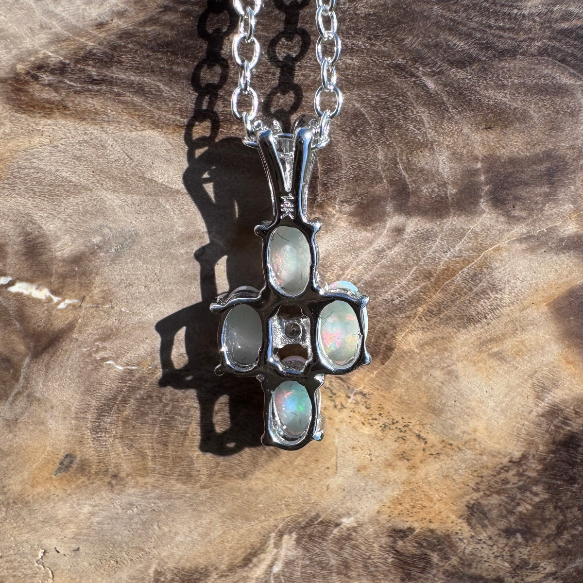 0.6ct Coober Pedy Opal & Diamond Cross Pendant Necklace ~ 'Coorong Cross' | 14ct White Gold | Solid Australian Opal