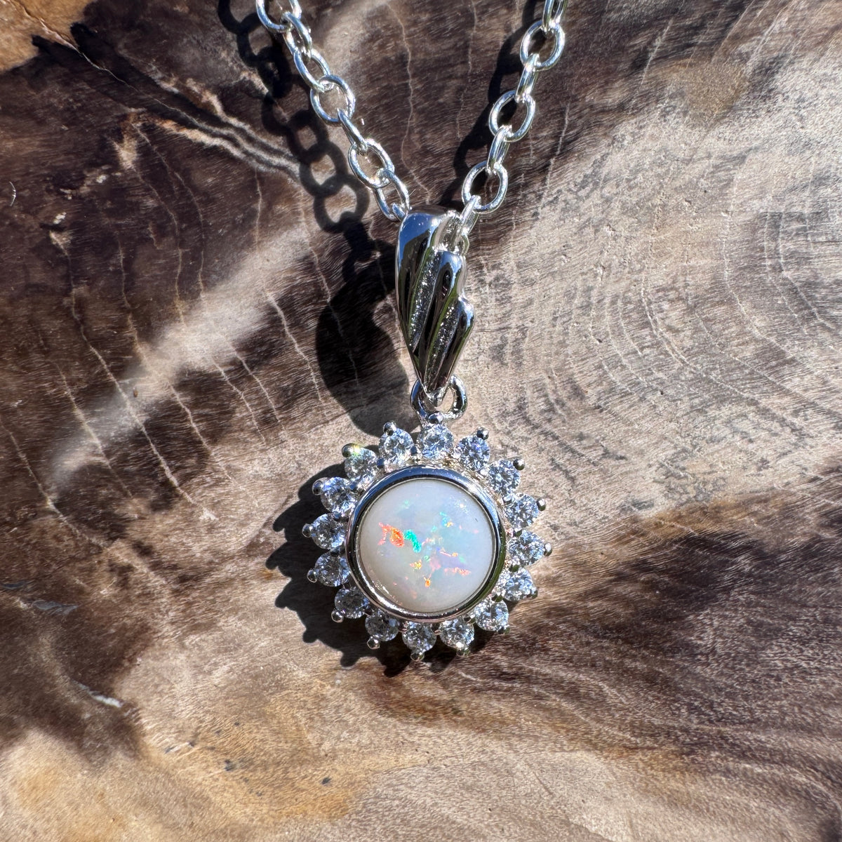 0.4ct Coober Pedy Opal & Cubic Zirconia Halo Pendant Necklace ~ 'Sydney Harbour Halo' | 925 Sterling Silver | Solid Australian Opal
