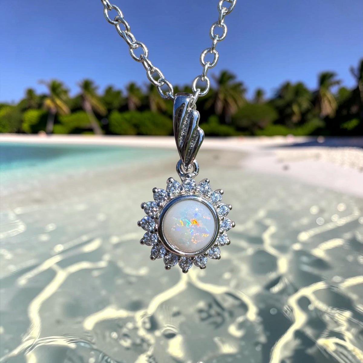 0.4ct Coober Pedy Opal & Cubic Zirconia Halo Pendant Necklace ~ 'Sydney Harbour Halo' | 925 Sterling Silver | Solid Australian Opal