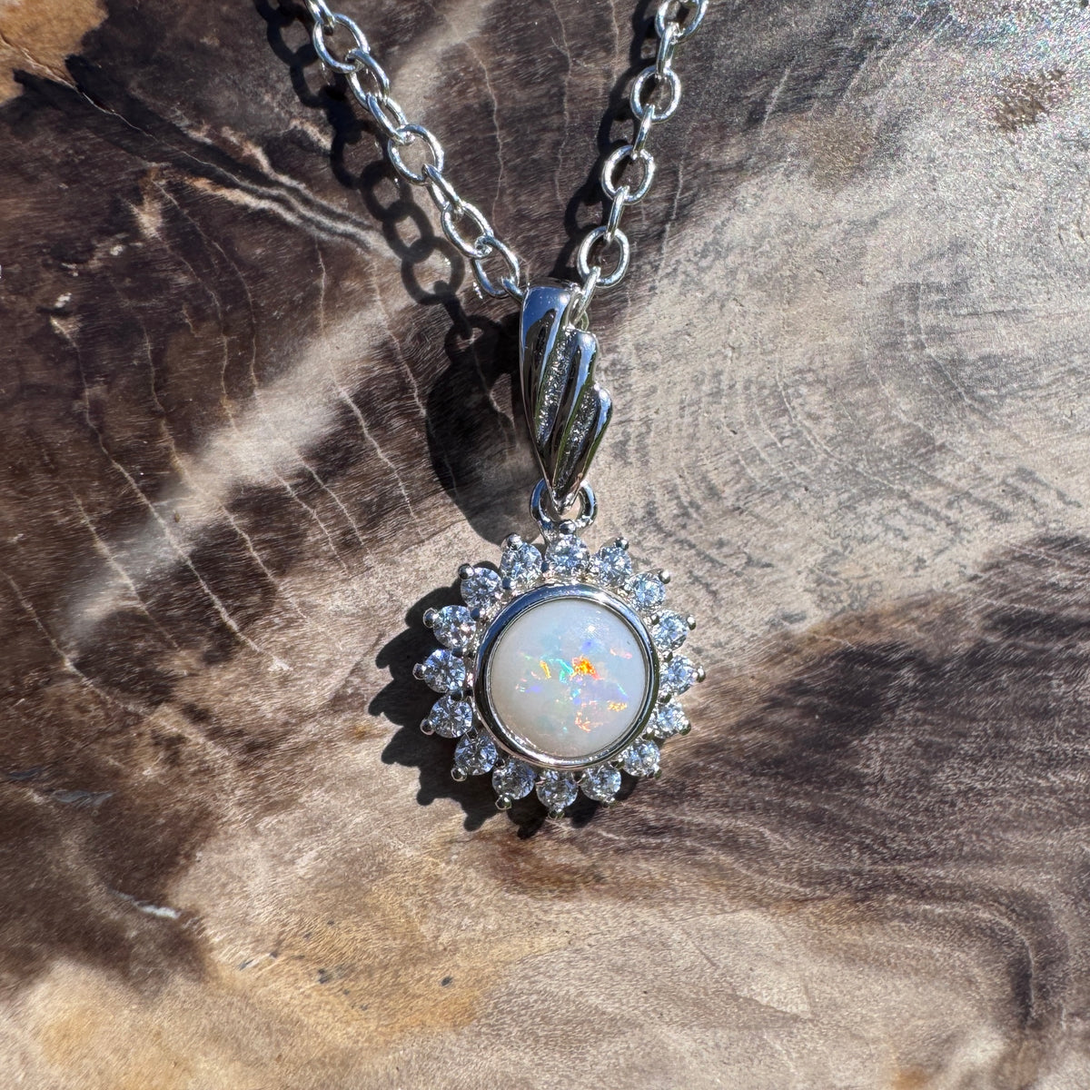 0.4ct Coober Pedy Opal & Cubic Zirconia Halo Pendant Necklace ~ 'Sydney Harbour Halo' | 925 Sterling Silver | Solid Australian Opal