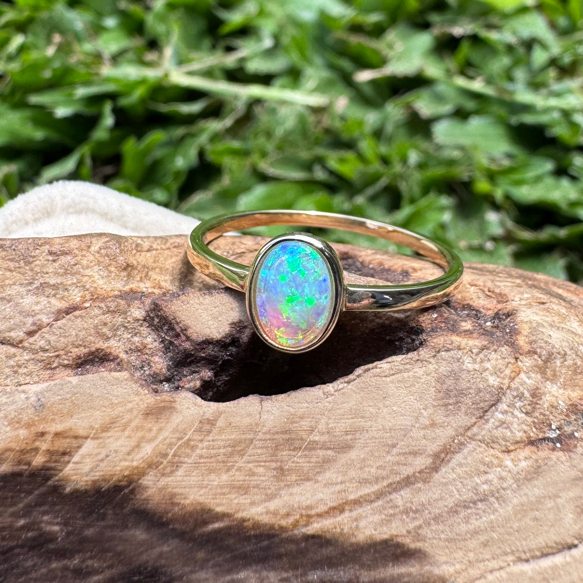 0.7ct Lightning Ridge Crystal Opal Ring ~ 'Hervey Bay Blues' | 9ct Yellow Gold | Solid Australian Opal