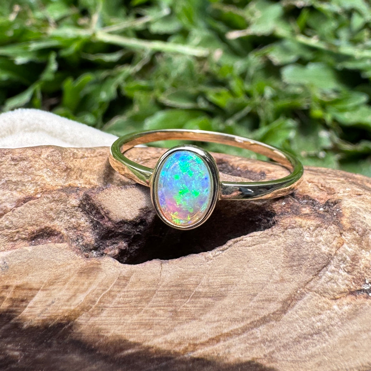 0.7ct Lightning Ridge Crystal Opal Ring ~ 'Hervey Bay Blues' | 9ct Yellow Gold | Solid Australian Opal