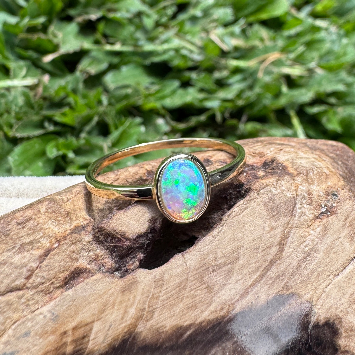 0.7ct Lightning Ridge Crystal Opal Ring ~ 'Hervey Bay Blues' | 9ct Yellow Gold | Solid Australian Opal