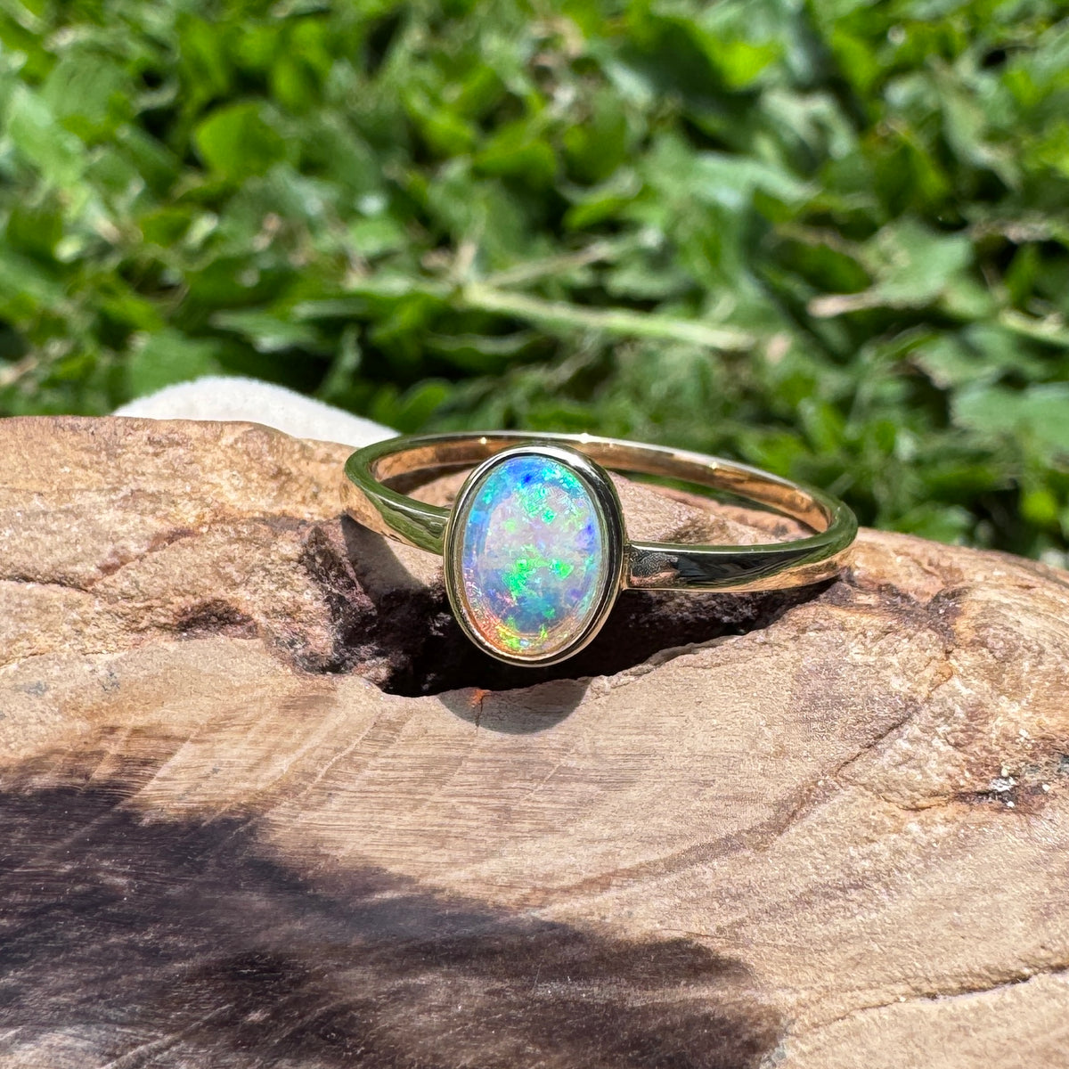 0.6ct Lightning Ridge Crystal Opal Ring ~ 'Wineglass Bay Lights' | 9ct Yellow Gold | Solid Australian Opal