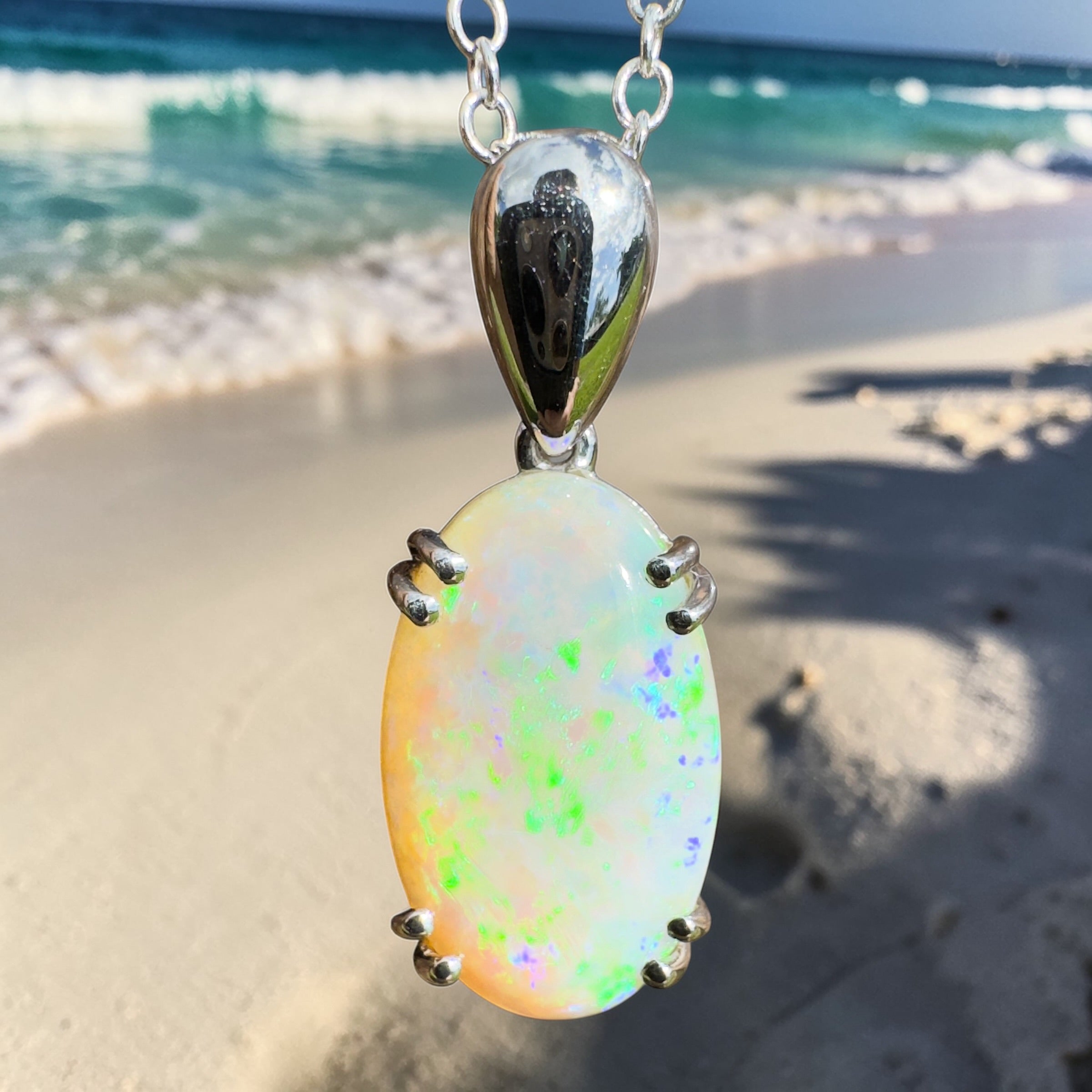 4.1ct Coober Pedy Crystal Opal Pendant Necklace ~ 'Moreton Ripple' | 925 Sterling Silver | Solid Australian Opal