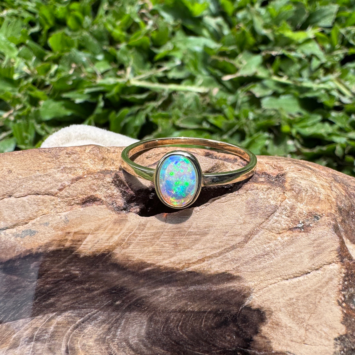 0.6ct Lightning Ridge Crystal Opal Ring ~ 'Wineglass Bay Lights' | 9ct Yellow Gold | Solid Australian Opal