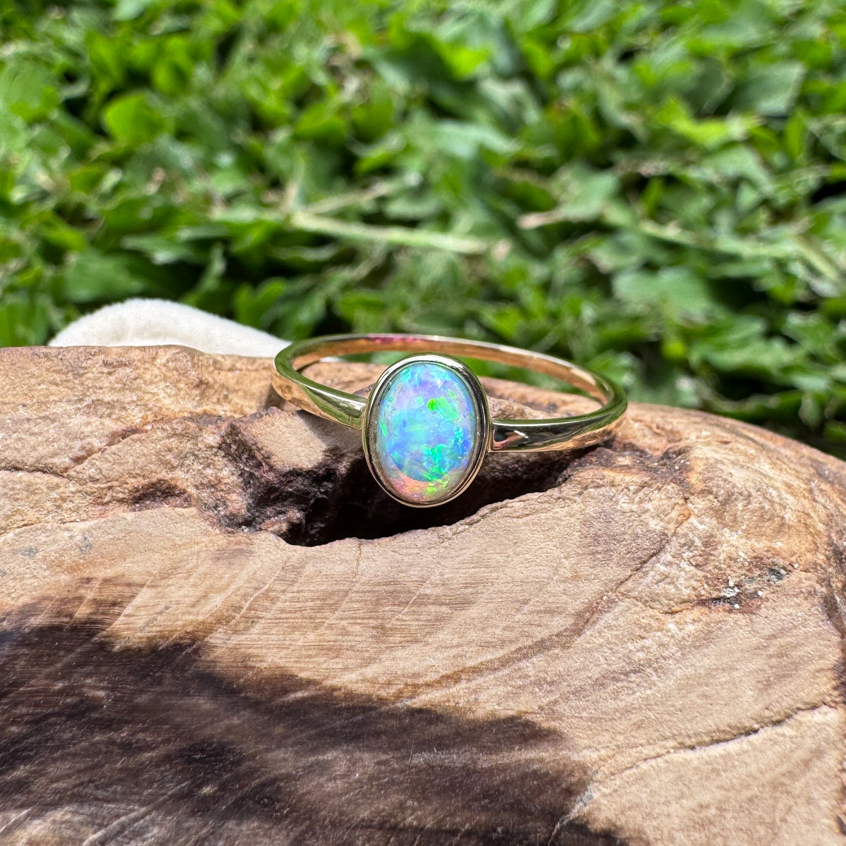 0.6ct Lightning Ridge Crystal Opal Ring ~ 'Wineglass Bay Lights' | 9ct Yellow Gold | Solid Australian Opal