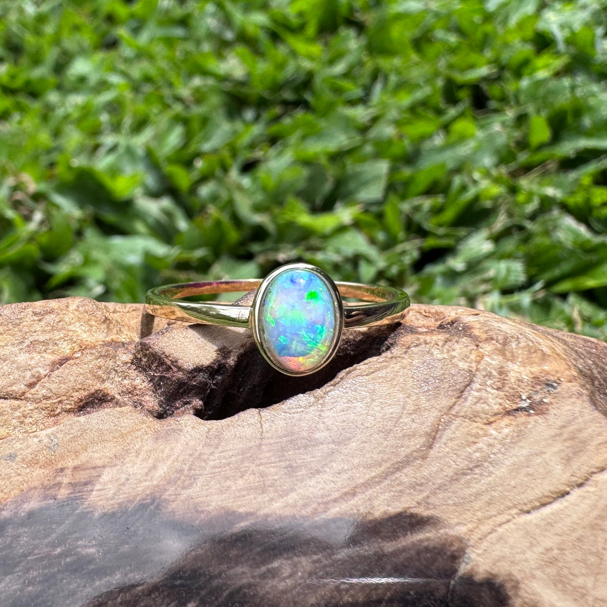 0.6ct Lightning Ridge Crystal Opal Ring ~ 'Wineglass Bay Lights' | 9ct Yellow Gold | Solid Australian Opal