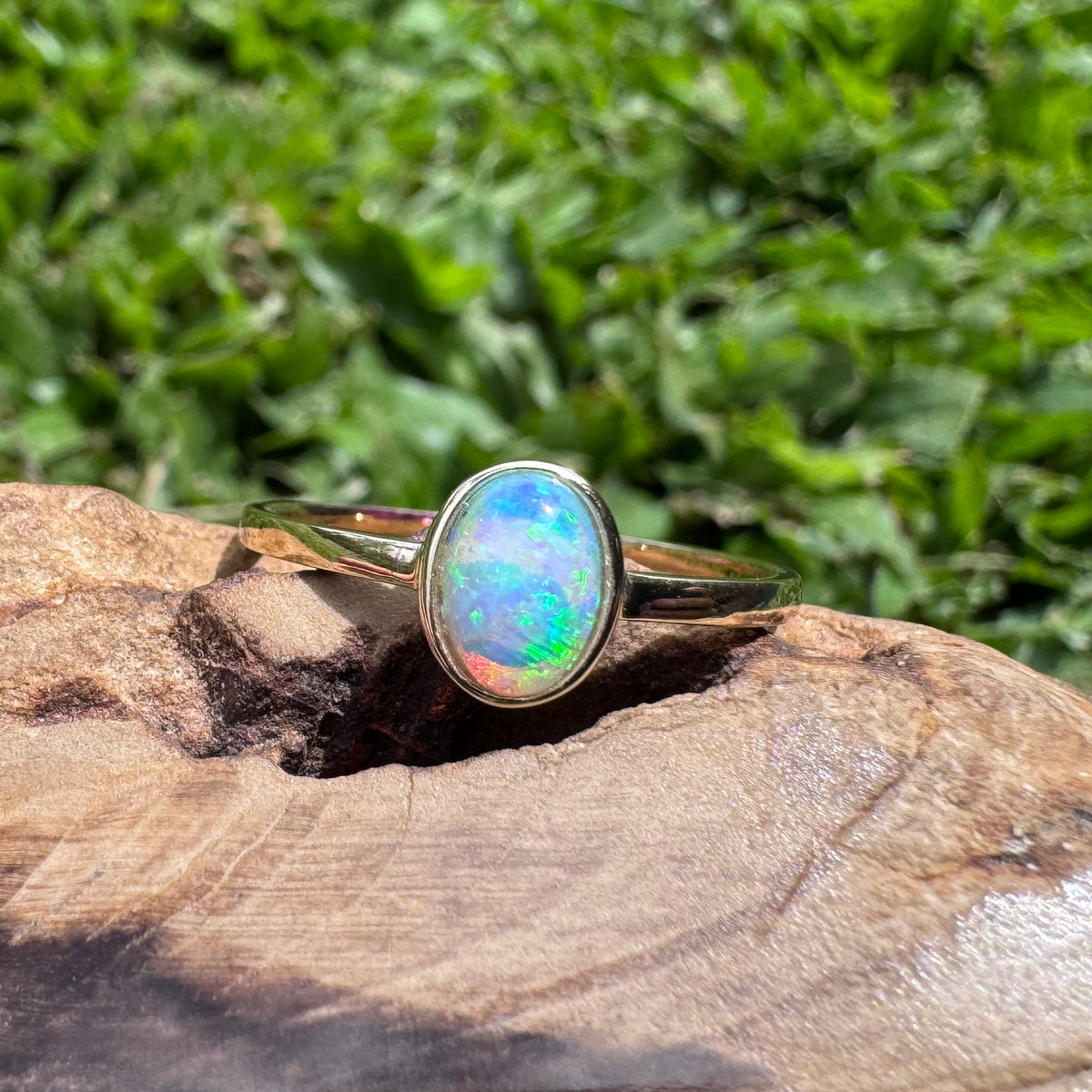 0.6ct Lightning Ridge Crystal Opal Ring ~ 'Wineglass Bay Lights' | 9ct Yellow Gold | Solid Australian Opal
