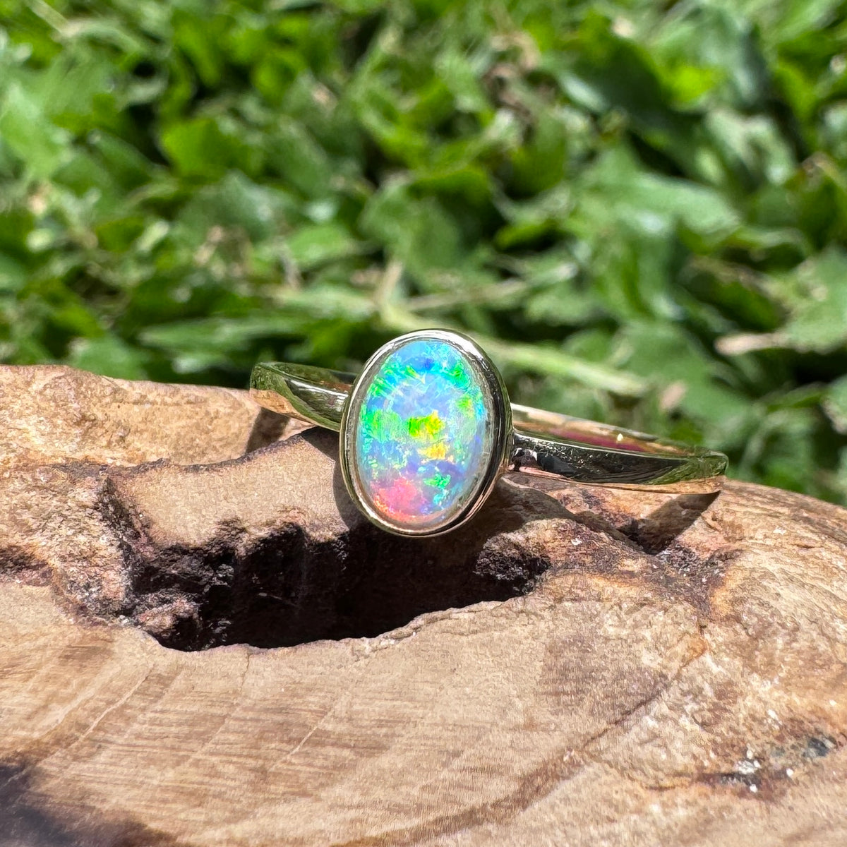 0.6ct Lightning Ridge Crystal Opal Ring ~ 'Wineglass Bay Lights' | 9ct Yellow Gold | Solid Australian Opal