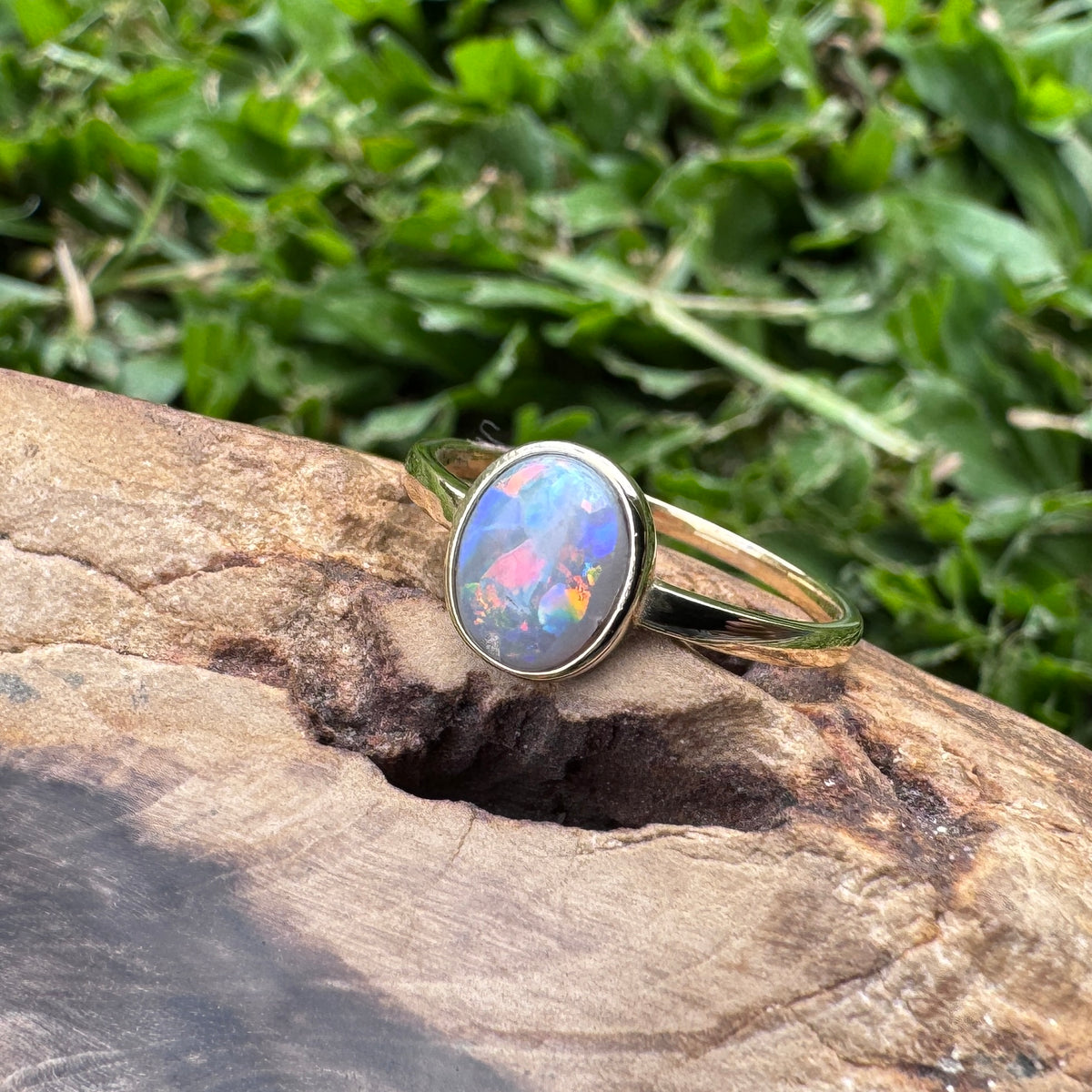 1.1ct Lightning Ridge Semi Black Opal Ring ~ 'Pilbara Firelight' | 9ct Yellow Gold | Solid Australian Opal