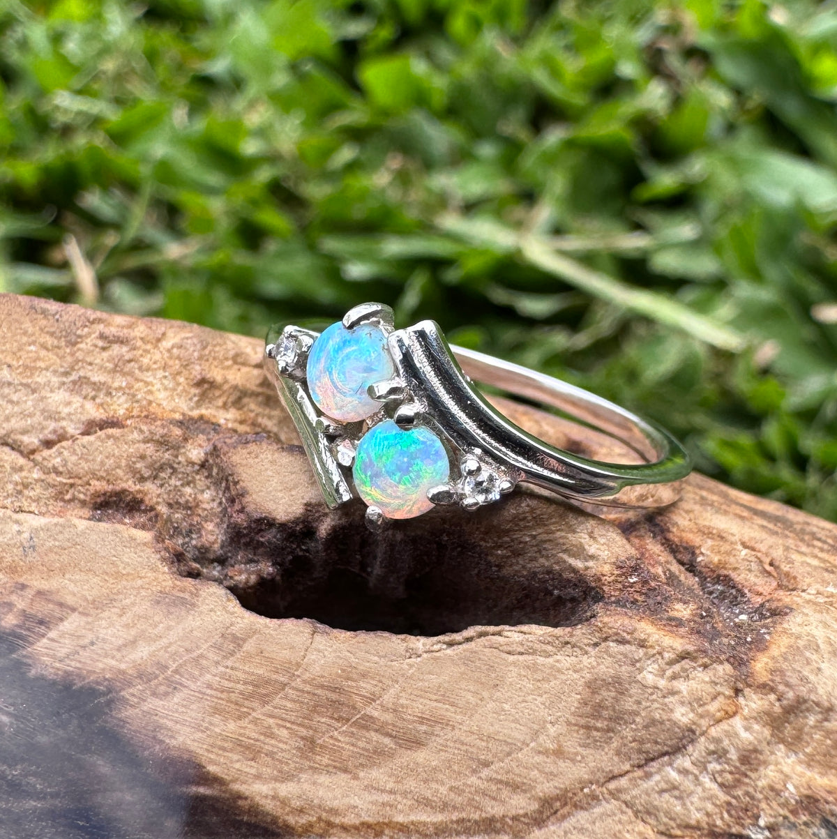 0.4ct Lightning Ridge Crystal Opal Ring ~ 'Phillip Island Twins' | 925 Sterling Silver | Solid Australian Opal