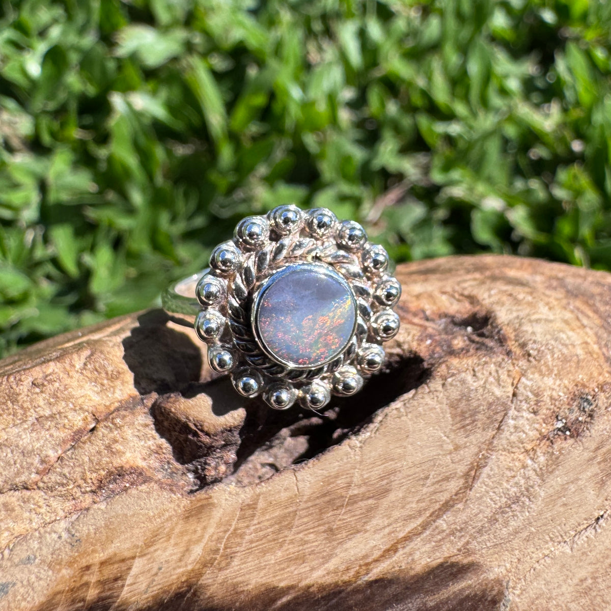0.9ct Lightning Ridge Semi Black Opal Ring ~ 'Kakadu Ember' | 925 Sterling Silver | Solid Australian Opal