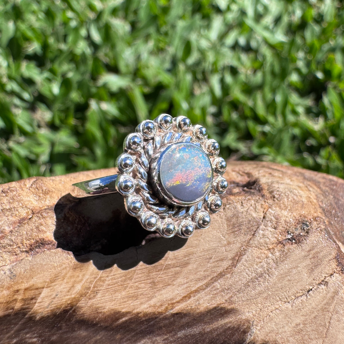 0.9ct Lightning Ridge Semi Black Opal Ring ~ 'Kakadu Ember' | 925 Sterling Silver | Solid Australian Opal