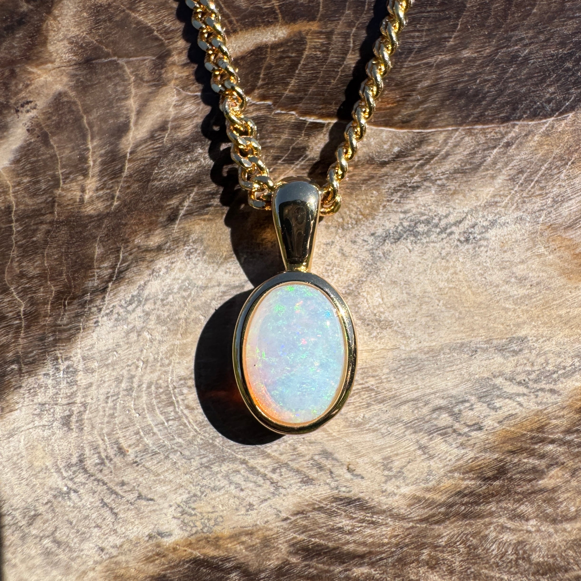 0.8ct Coober Pedy Opal Pendant Necklace ~ 'Point Lookout Glow' | Yellow Gold Coated 925 Sterling Silver | Solid Australian Opal