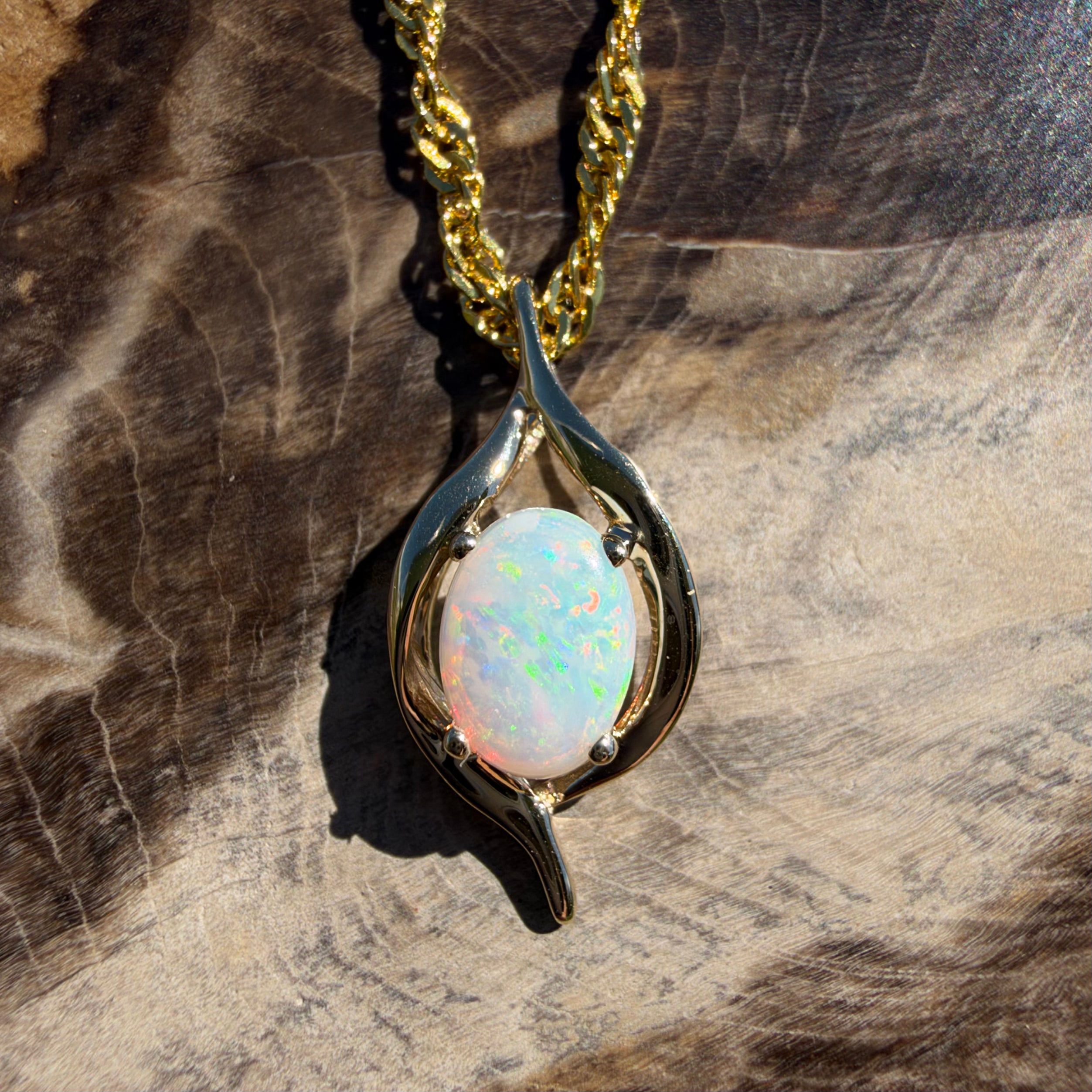0.6ct Coober Pedy Opal Pendant Necklace ~ 'Sovereign Hill Gleam' | 9ct Yellow Gold | Solid Australian Opal