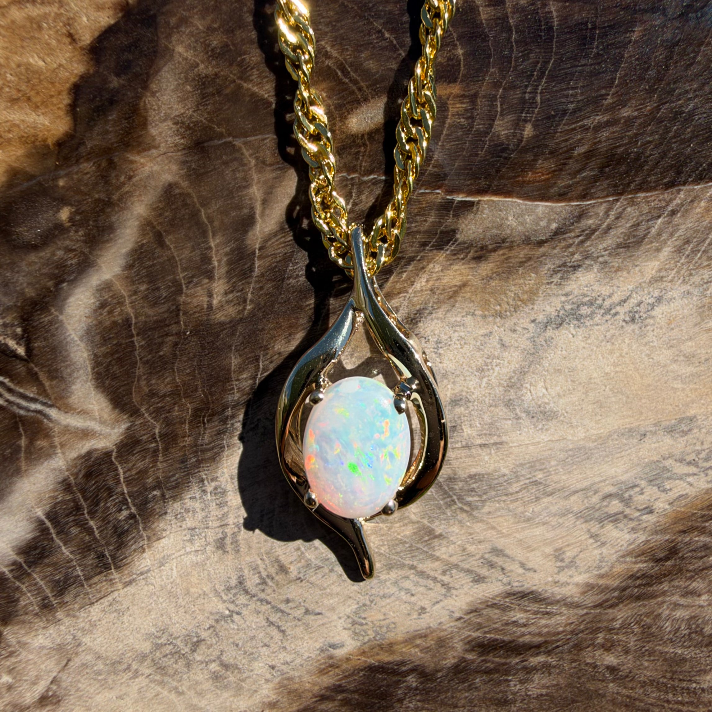 0.6ct Coober Pedy Opal Pendant Necklace ~ 'Sovereign Hill Gleam' | 9ct Yellow Gold | Solid Australian Opal