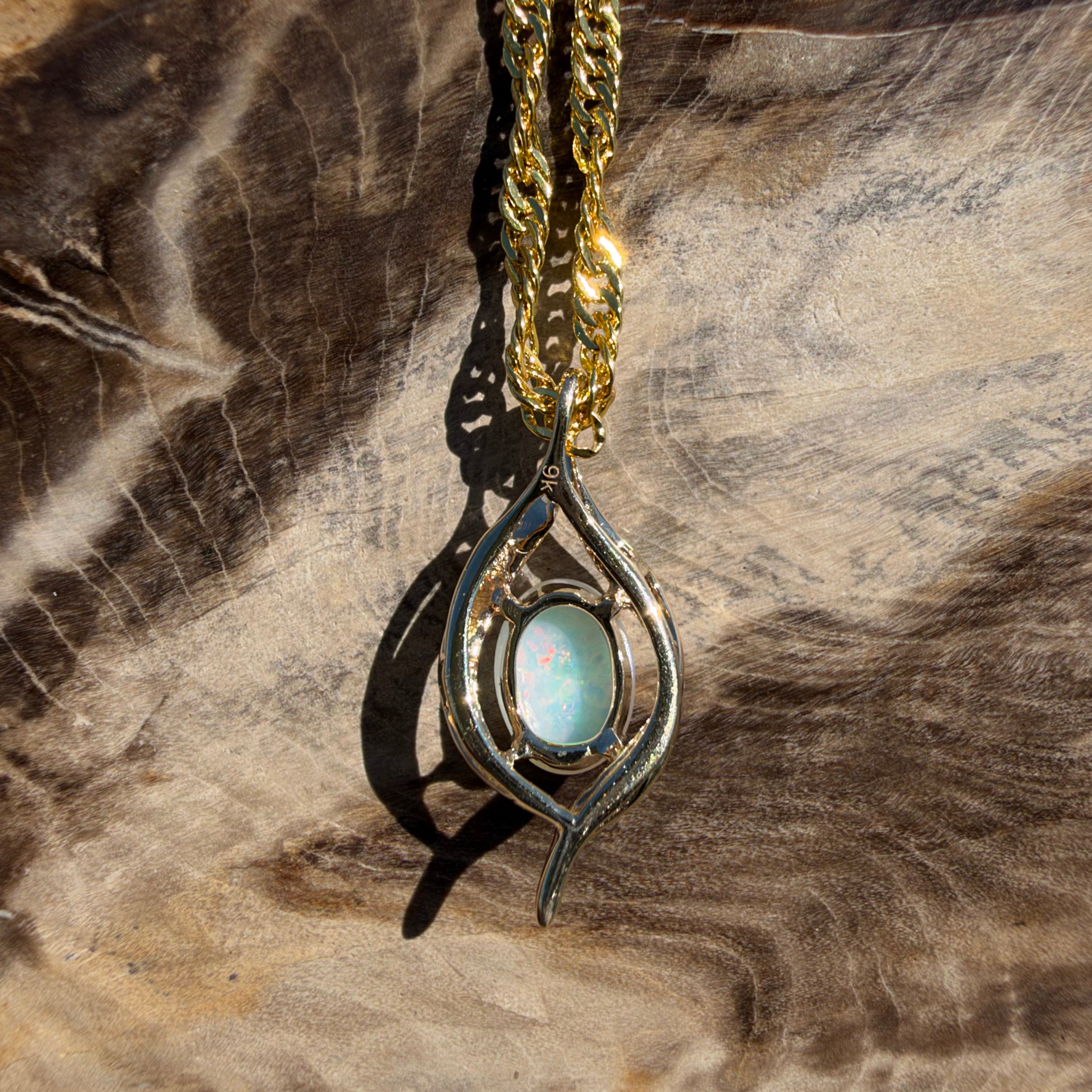 0.6ct Coober Pedy Opal Pendant Necklace ~ 'Sovereign Hill Gleam' | 9ct Yellow Gold | Solid Australian Opal