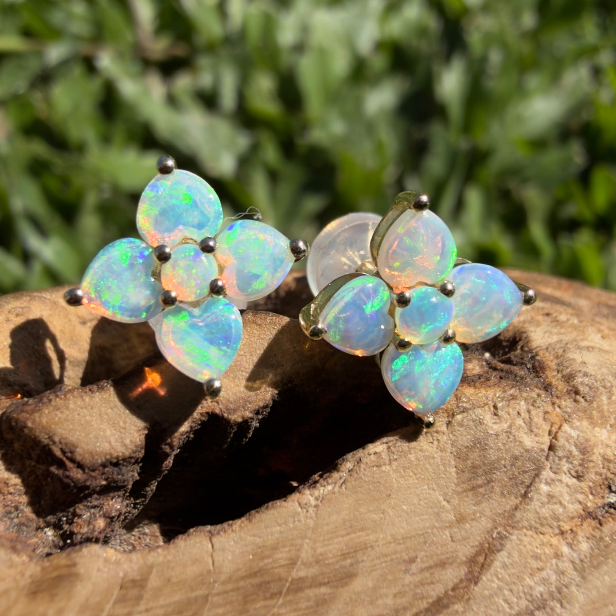 1.2ct Coober Pedy Opal Flower Stud Earrings ~ 'Hunter Valley Blossom' | 9ct Yellow Gold | Solid Australian Opal