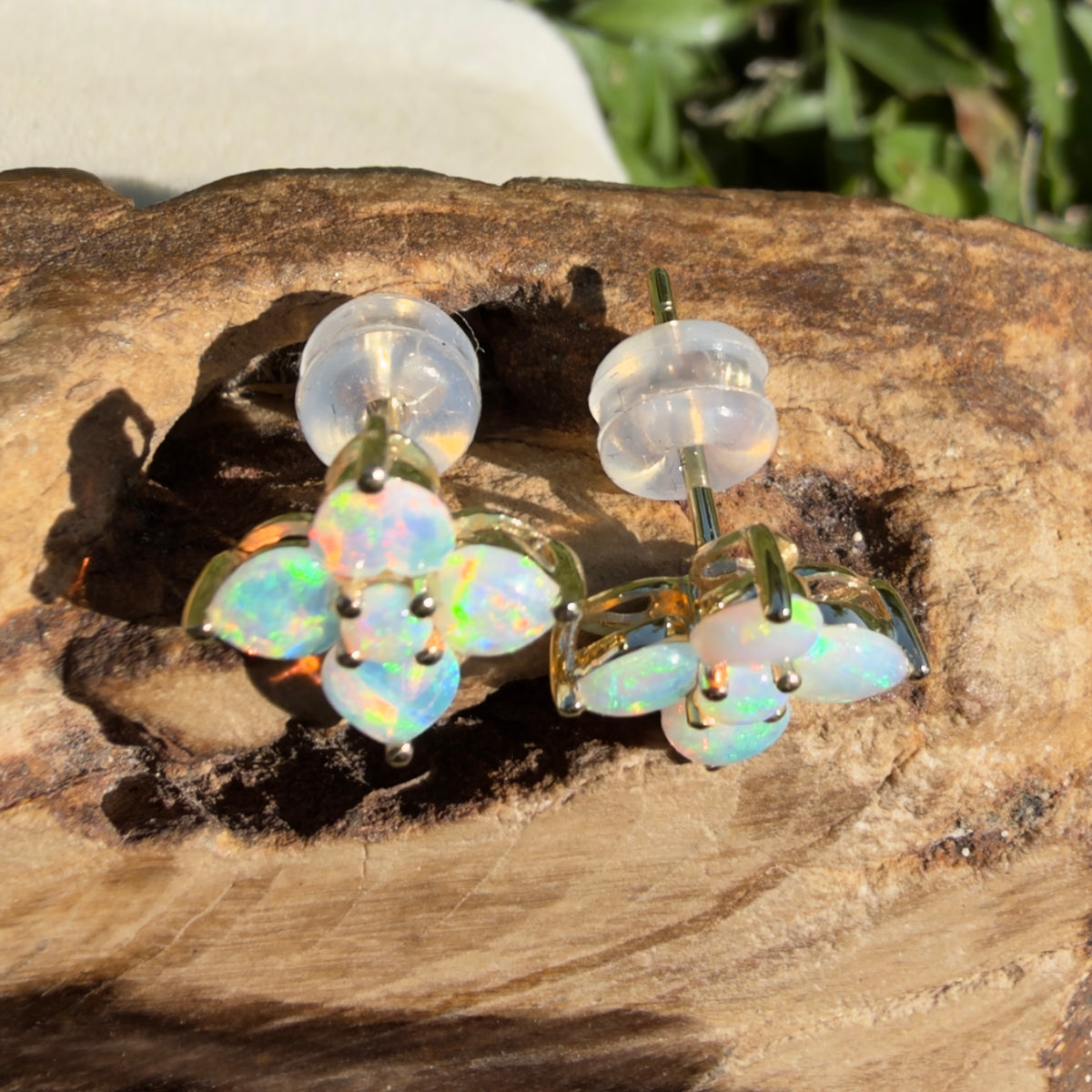 1.2ct Coober Pedy Opal Flower Stud Earrings ~ 'Hunter Valley Blossom' | 9ct Yellow Gold | Solid Australian Opal