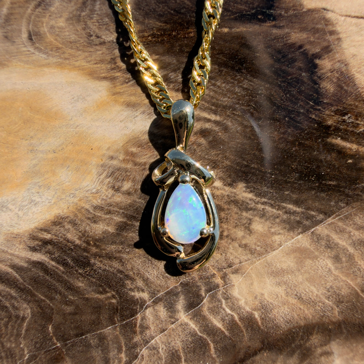 0.4ct Coober Pedy Opal Pendant Necklace ~ 'Gympie Firedrop' | 9ct Yellow Gold | Solid Australian Opal