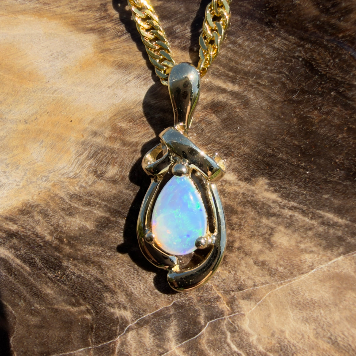 0.4ct Coober Pedy Opal Pendant Necklace ~ 'Gympie Firedrop' | 9ct Yellow Gold | Solid Australian Opal