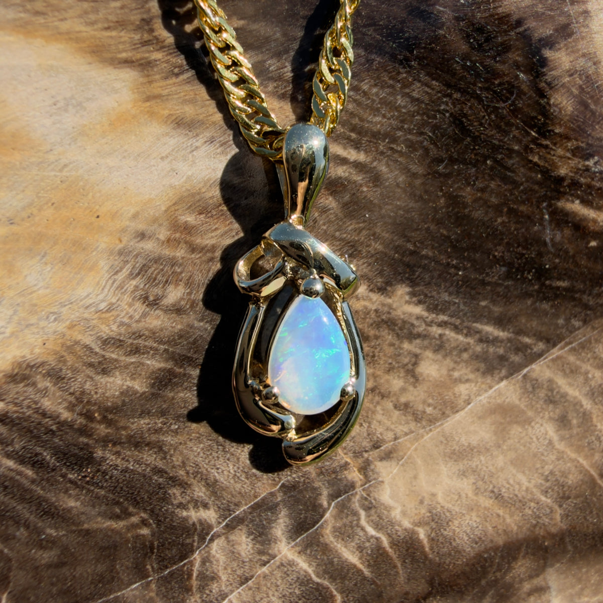 0.4ct Coober Pedy Opal Pendant Necklace ~ 'Gympie Firedrop' | 9ct Yellow Gold | Solid Australian Opal