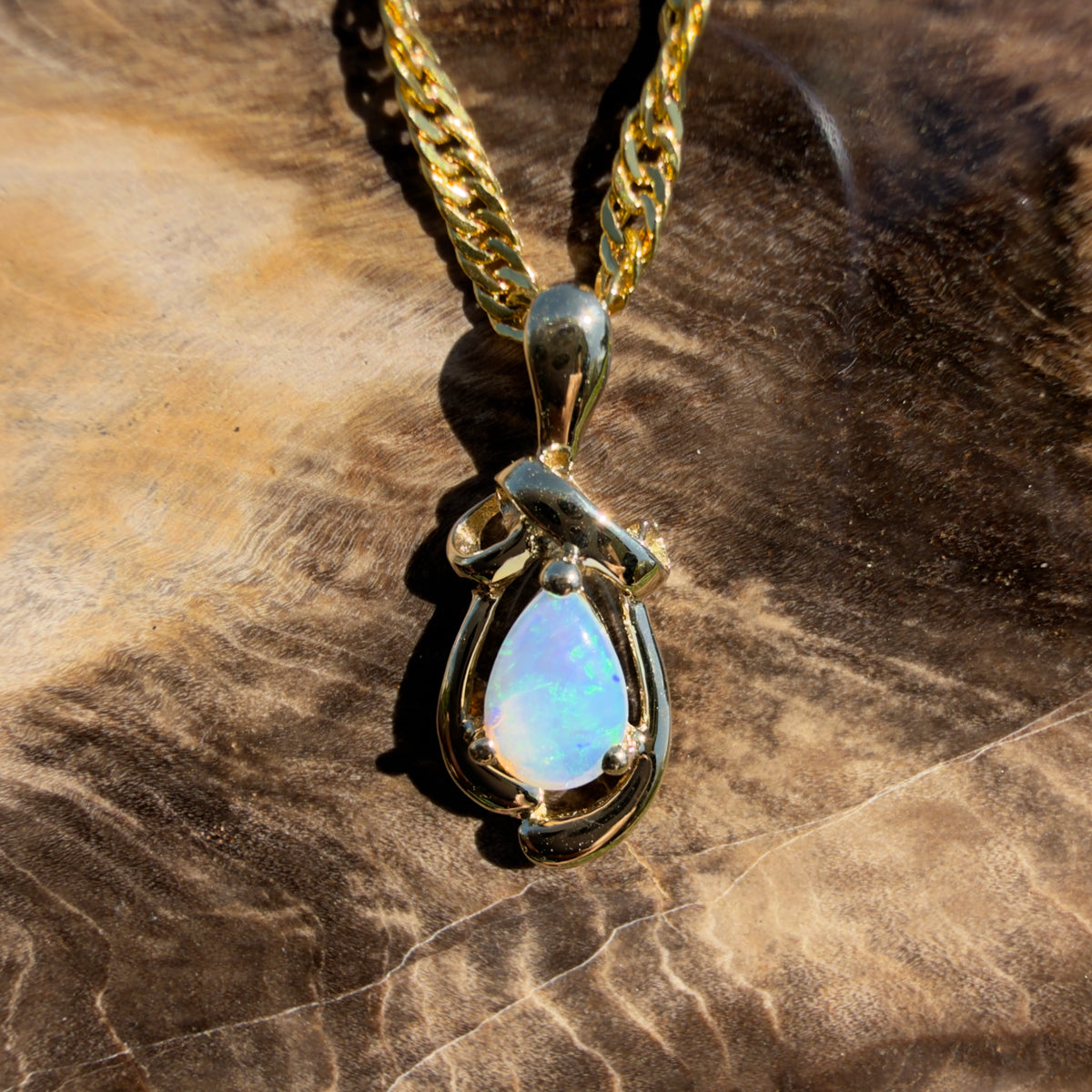 0.4ct Coober Pedy Opal Pendant Necklace ~ 'Gympie Firedrop' | 9ct Yellow Gold | Solid Australian Opal