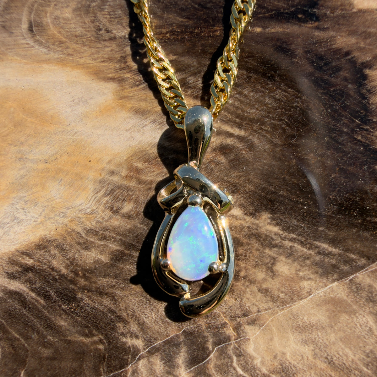 0.4ct Coober Pedy Opal Pendant Necklace ~ 'Gympie Firedrop' | 9ct Yellow Gold | Solid Australian Opal