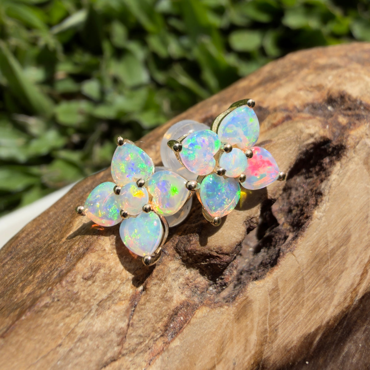 1.2ct Coober Pedy Opal Flower Stud Earrings ~ 'Adelaide Hills Blossom' | 9ct Yellow Gold | Solid Australian Opal
