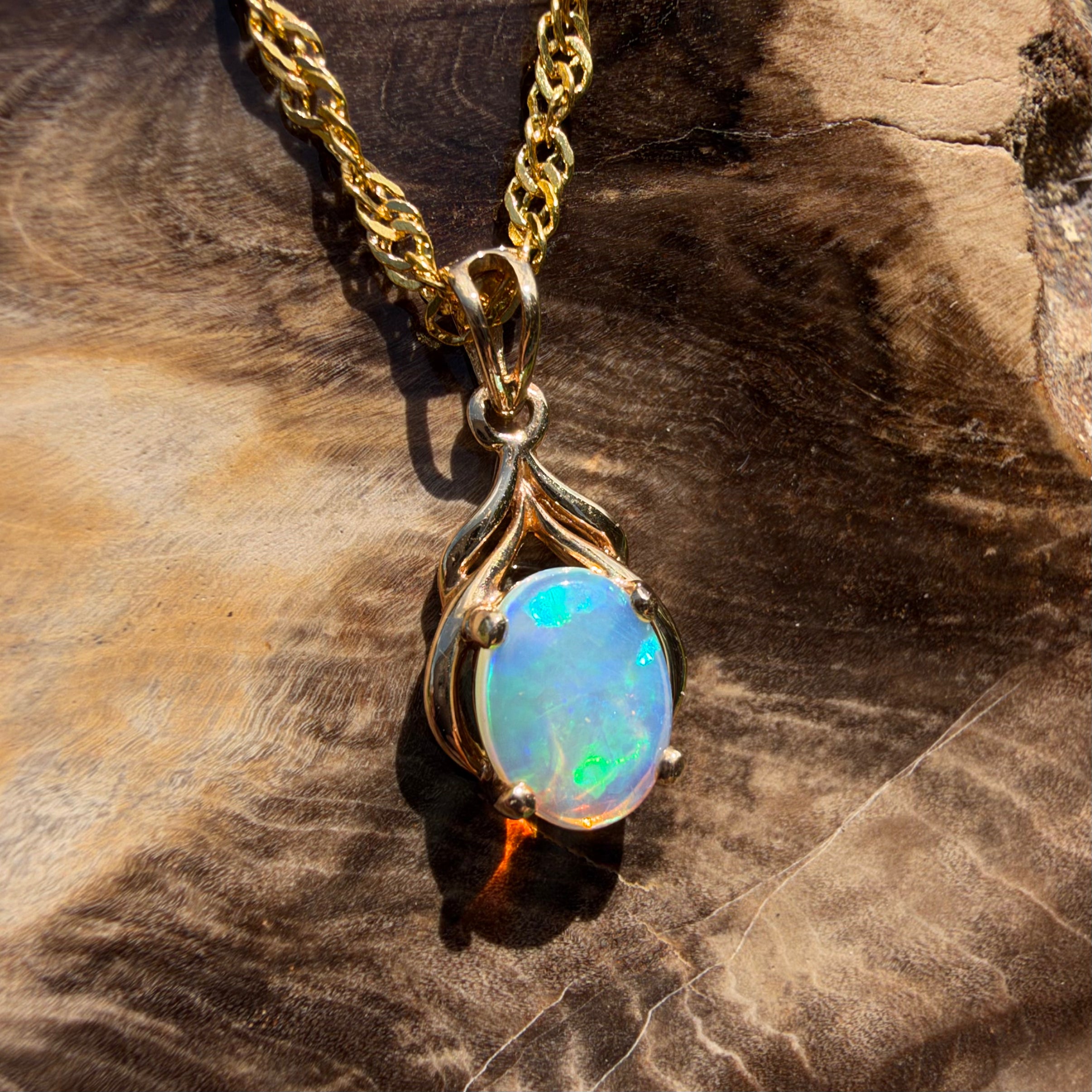 1ct Lightning Ridge Opal Pendant Necklace ~ 'Naracoorte Greens' | 14ct Yellow Gold | Solid Australian Opal