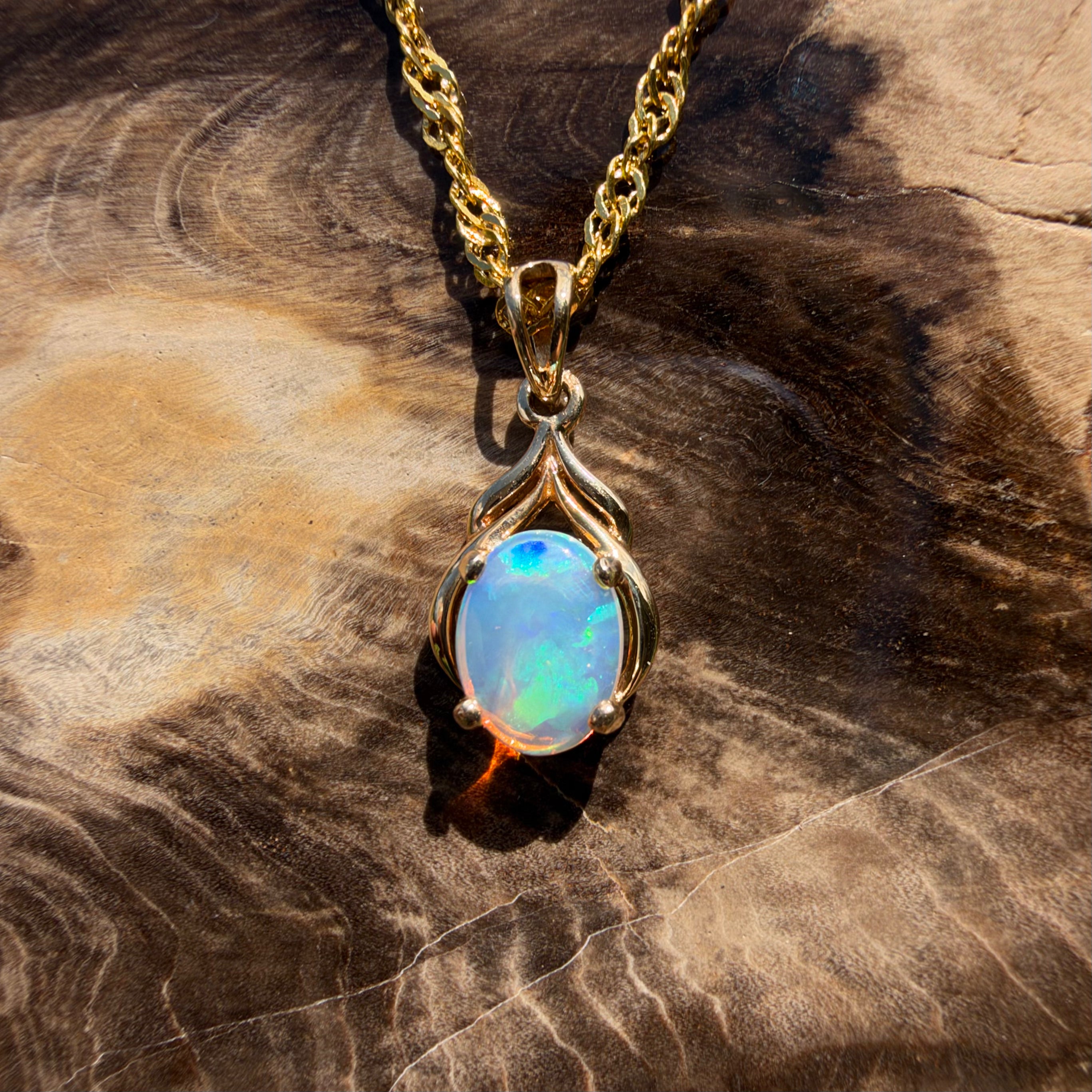 1ct Lightning Ridge Opal Pendant Necklace ~ 'Naracoorte Greens' | 14ct Yellow Gold | Solid Australian Opal