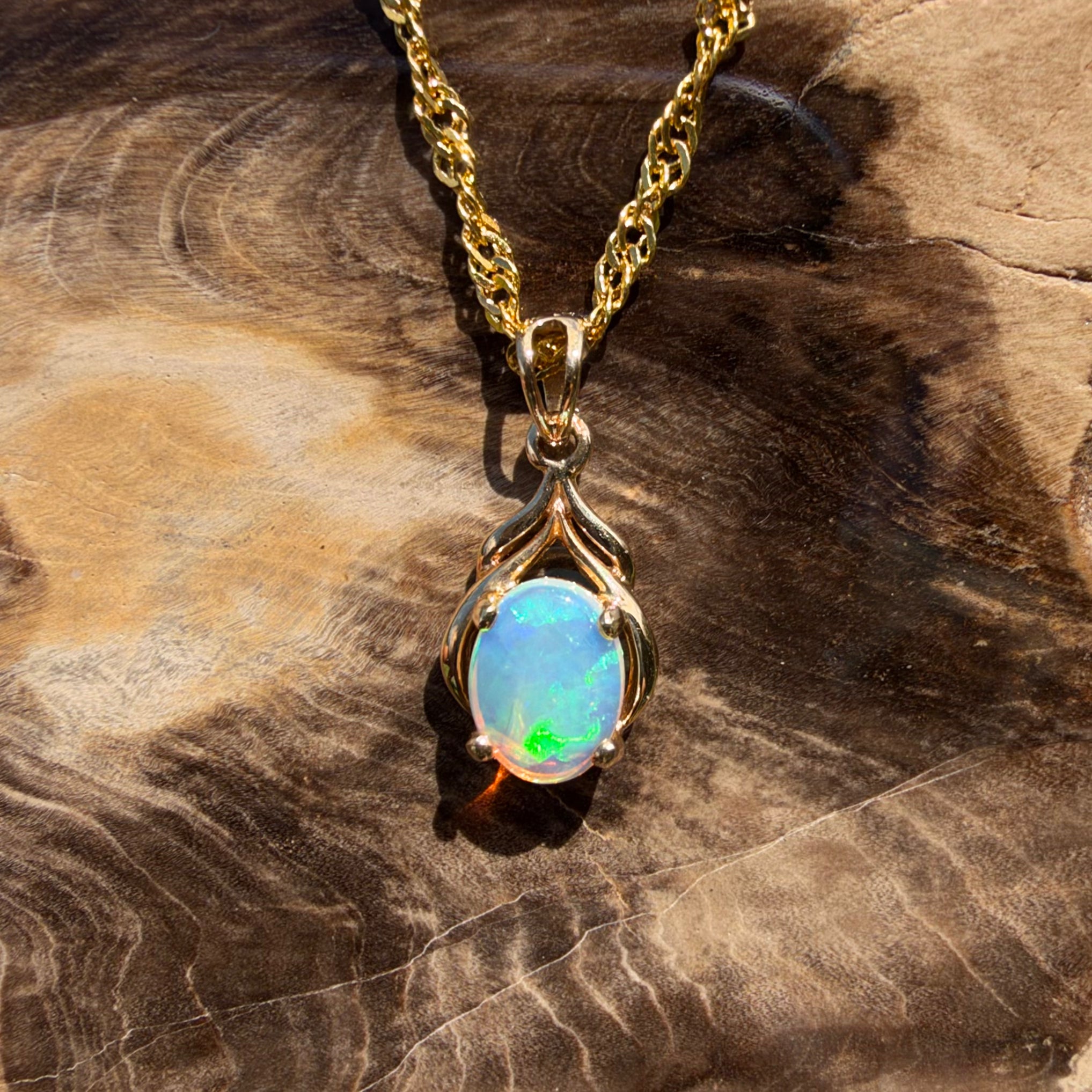 1ct Lightning Ridge Opal Pendant Necklace ~ 'Naracoorte Greens' | 14ct Yellow Gold | Solid Australian Opal