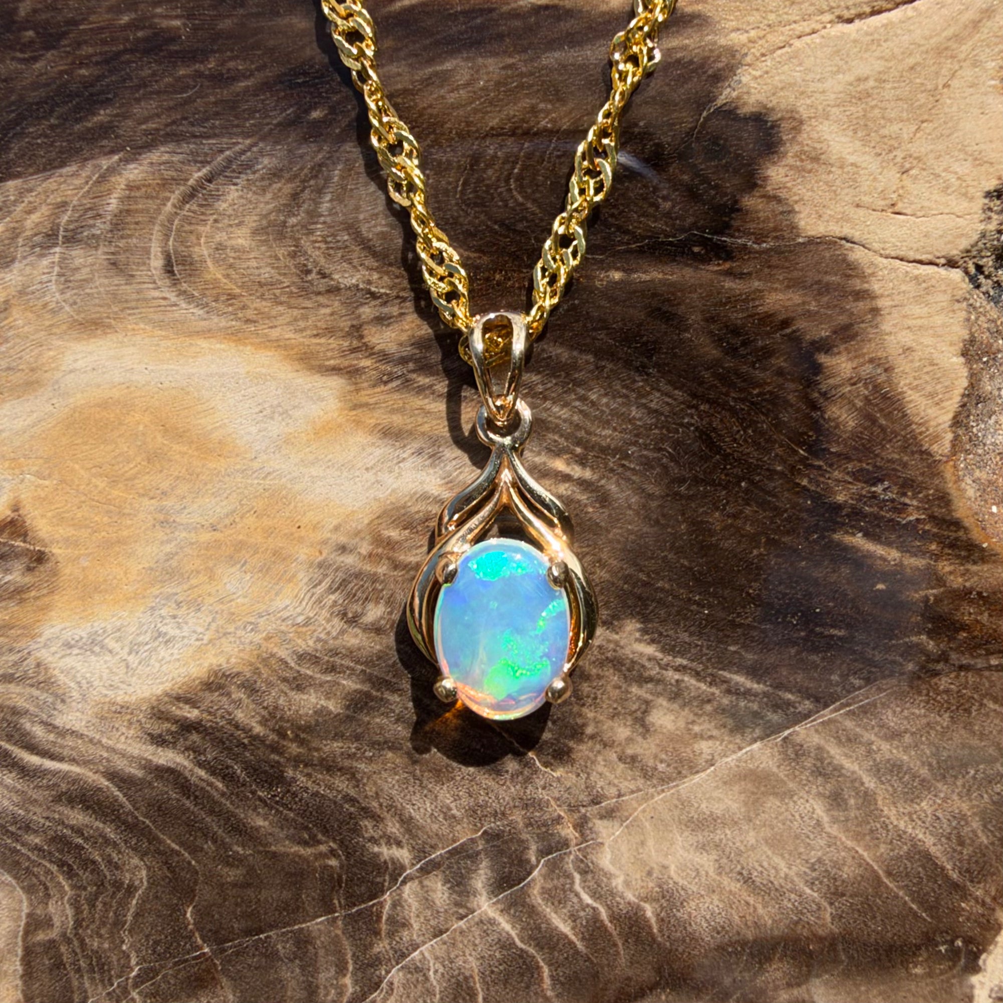 1ct Lightning Ridge Opal Pendant Necklace ~ 'Naracoorte Greens' | 14ct Yellow Gold | Solid Australian Opal