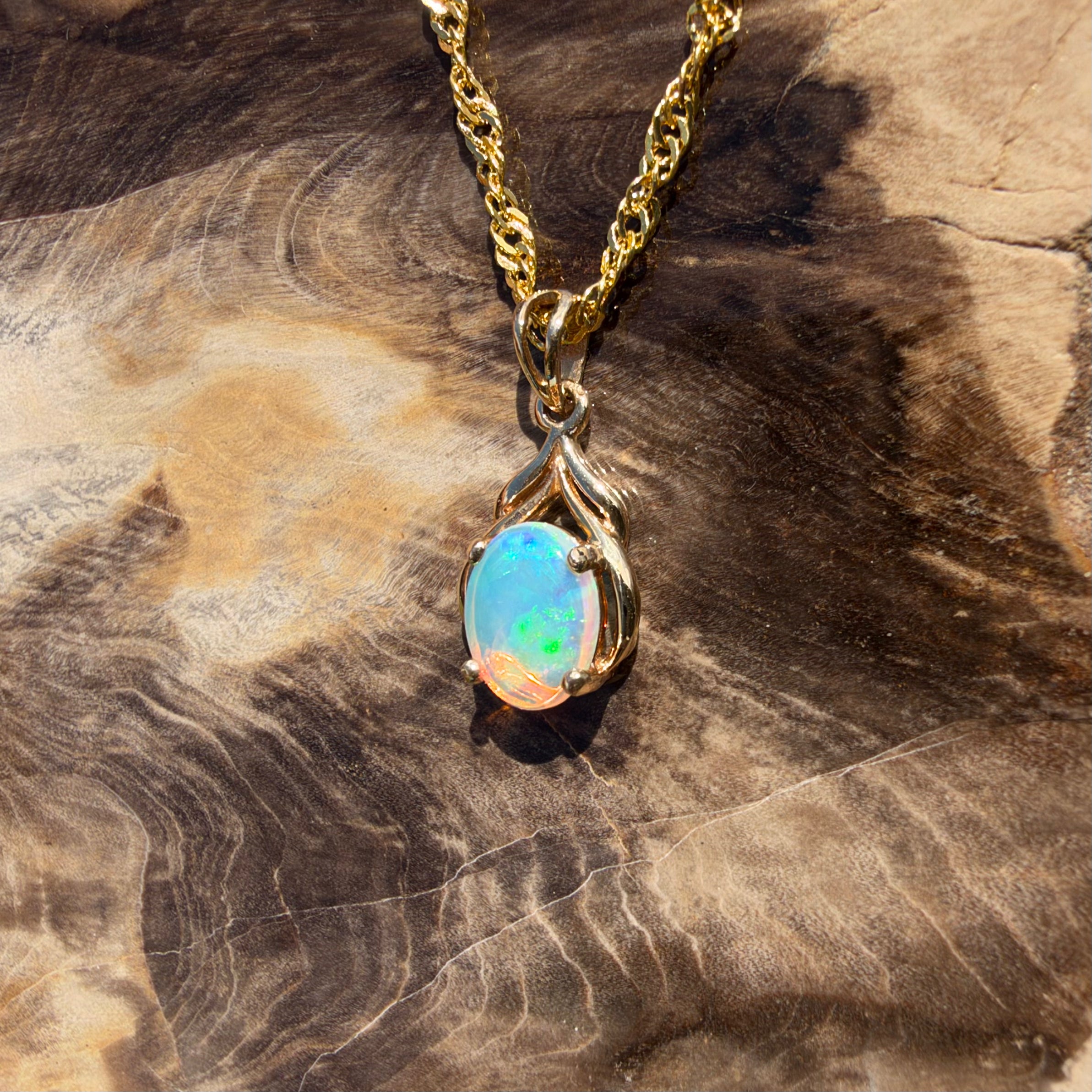 1ct Lightning Ridge Opal Pendant Necklace ~ 'Naracoorte Greens' | 14ct Yellow Gold | Solid Australian Opal