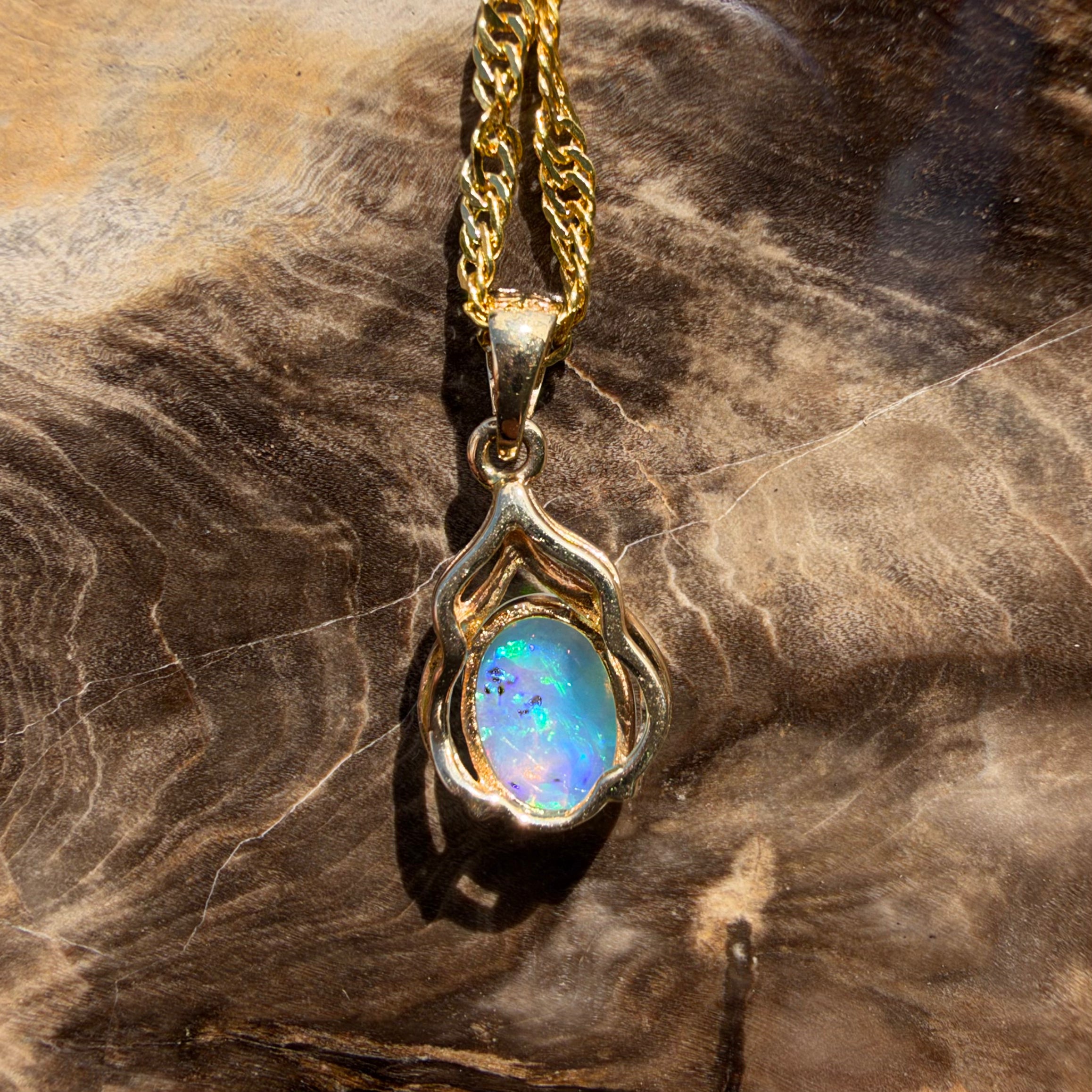 1ct Lightning Ridge Opal Pendant Necklace ~ 'Naracoorte Greens' | 14ct Yellow Gold | Solid Australian Opal