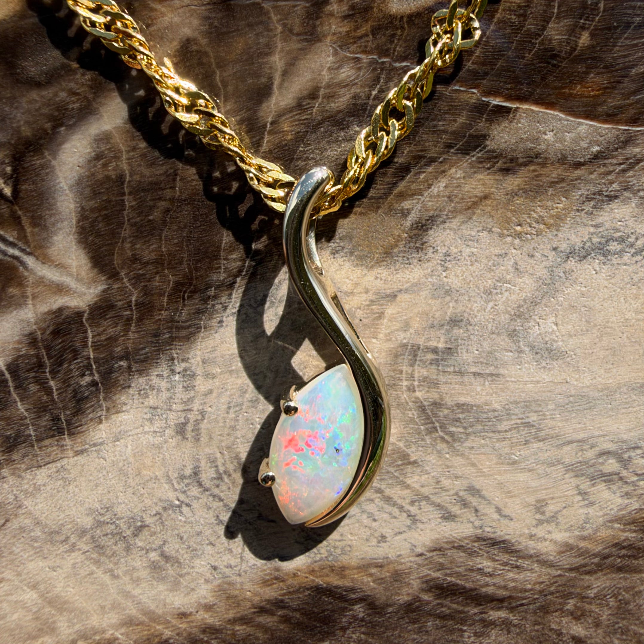 0.4ct Coober Pedy Opal Pendant Necklace ~ 'Mossman Gorge Dewdrop' | 9ct Yellow Gold | Solid Australian Opal