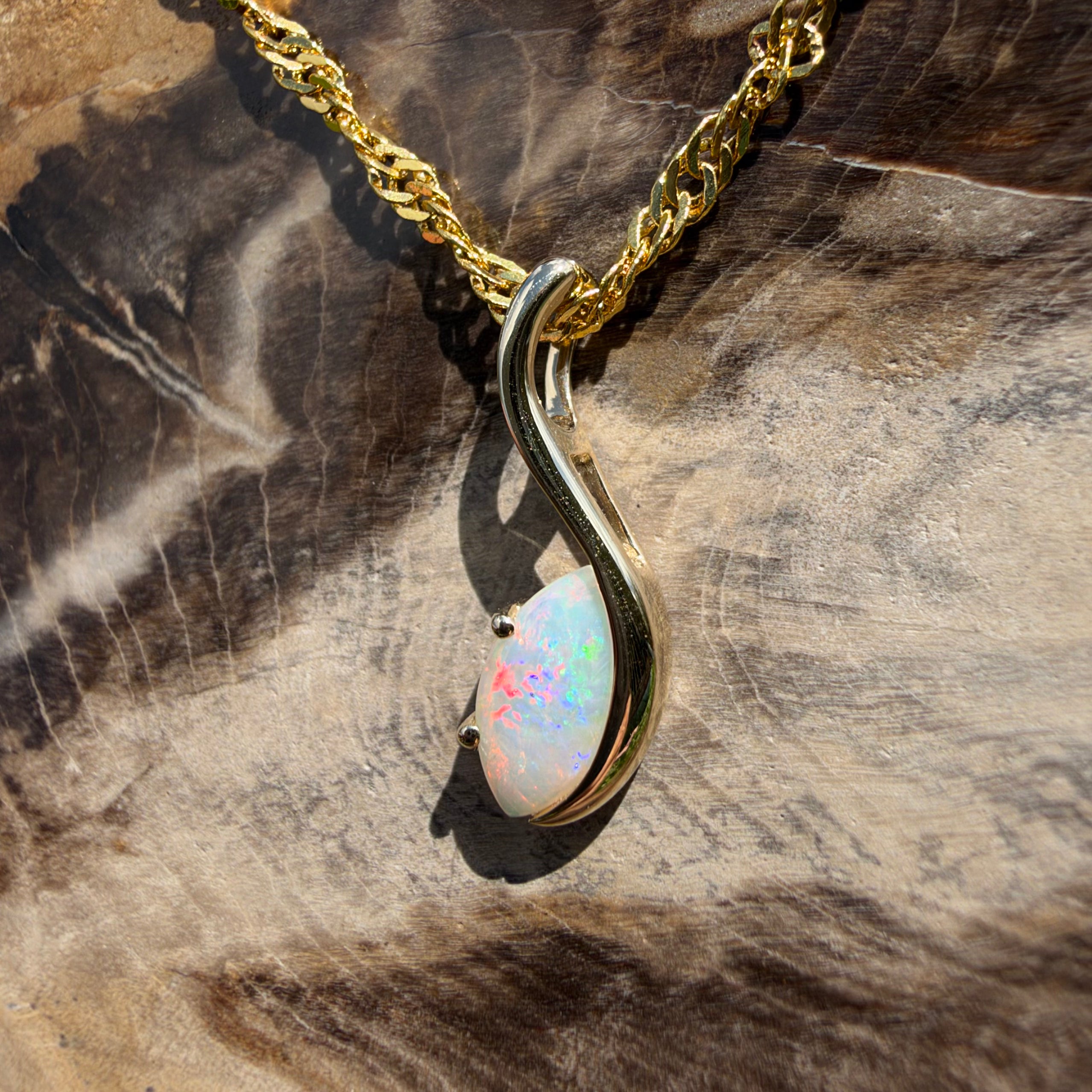 0.4ct Coober Pedy Opal Pendant Necklace ~ 'Mossman Gorge Dewdrop' | 9ct Yellow Gold | Solid Australian Opal