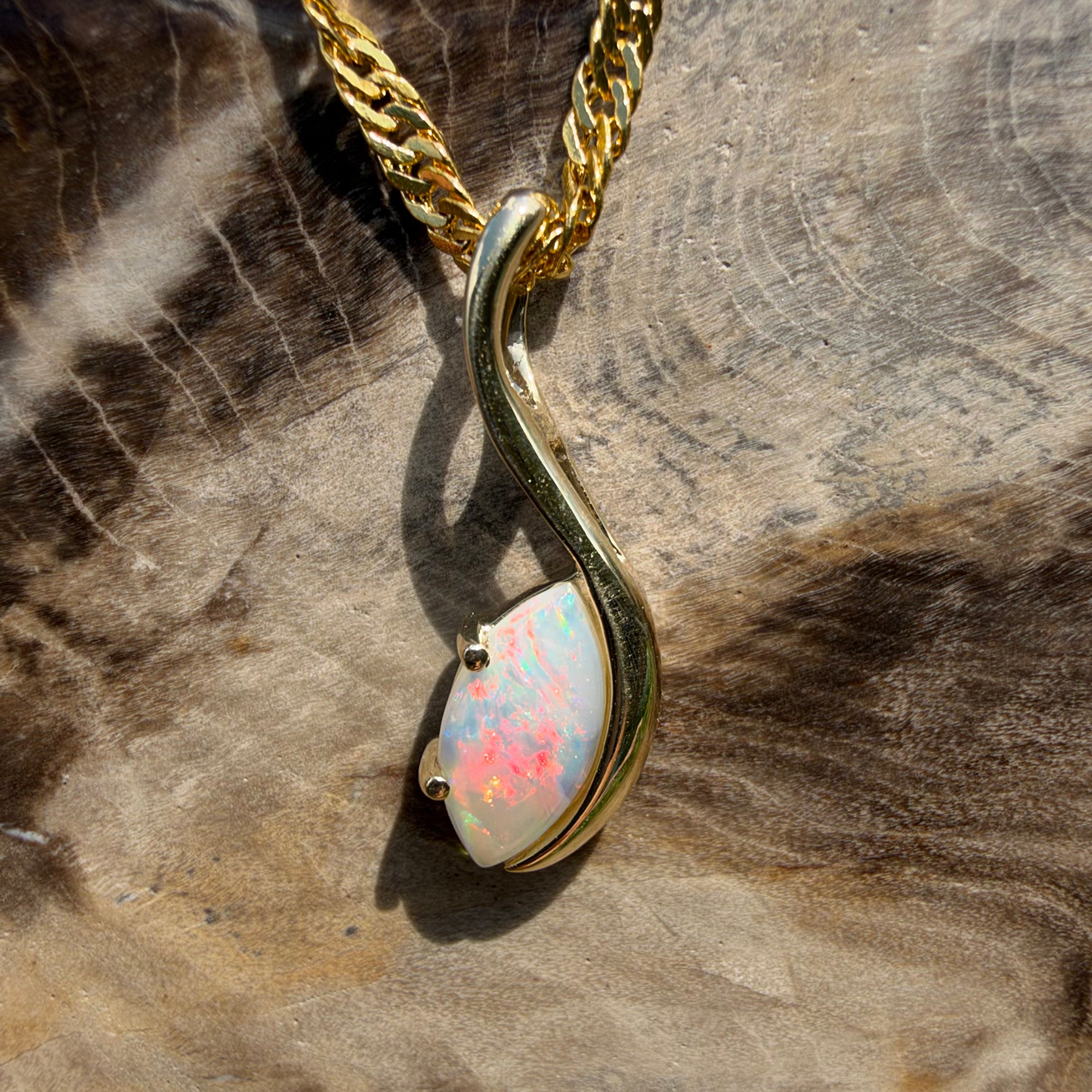 0.4ct Coober Pedy Opal Pendant Necklace ~ 'Russell Falls Droplet' | 9ct Yellow Gold | Solid Australian Opal