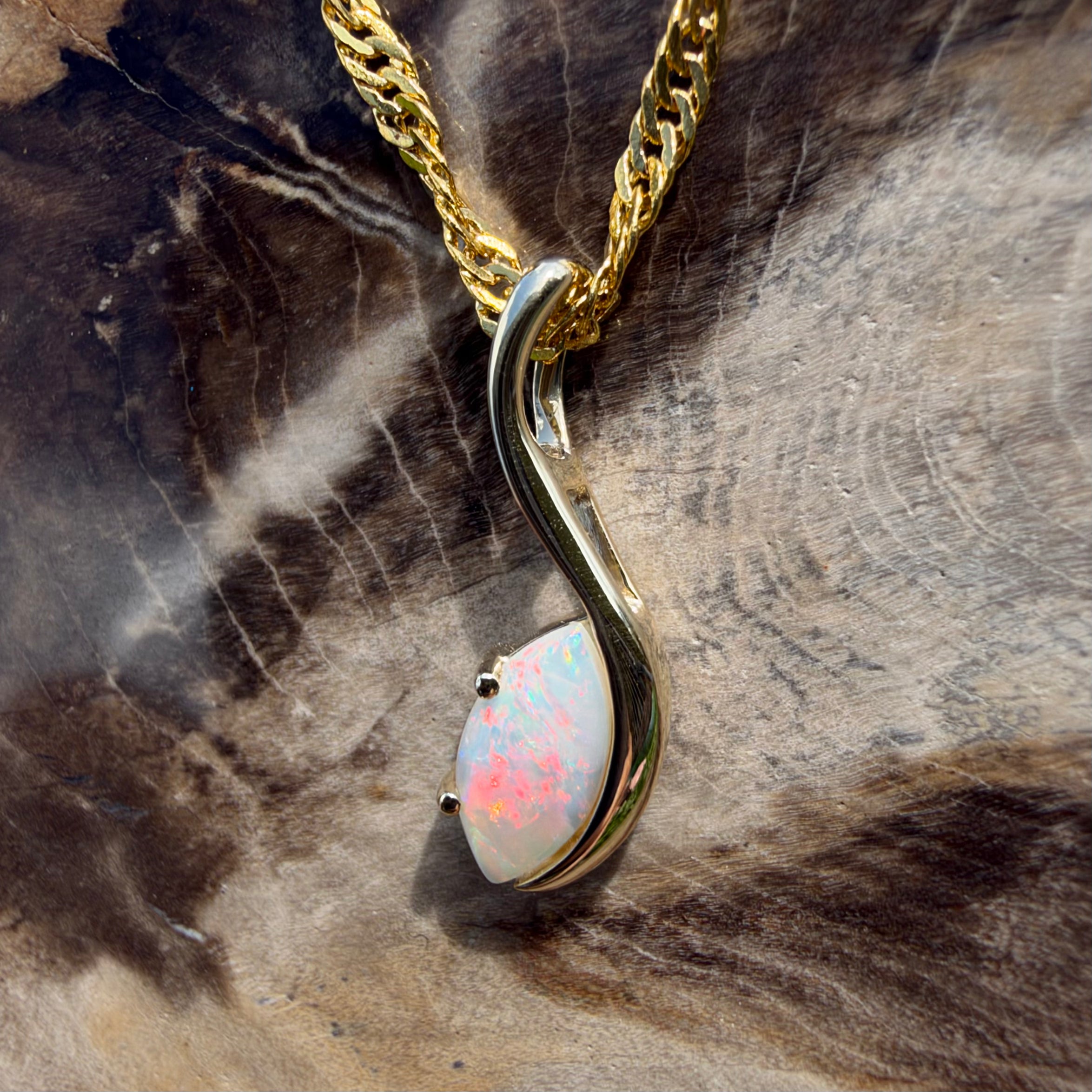 0.4ct Coober Pedy Opal Pendant Necklace ~ 'Russell Falls Droplet' | 9ct Yellow Gold | Solid Australian Opal