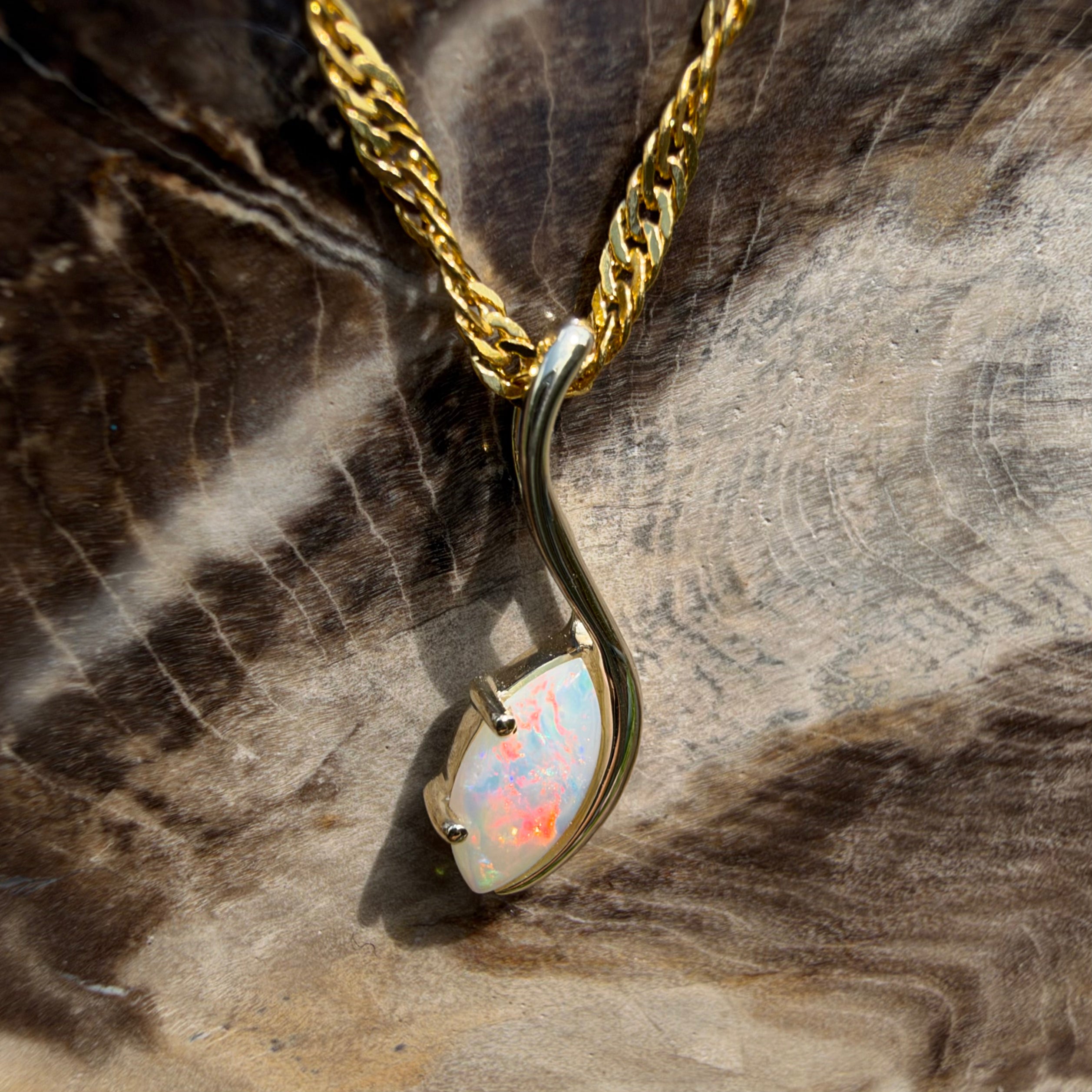 0.4ct Coober Pedy Opal Pendant Necklace ~ 'Russell Falls Droplet' | 9ct Yellow Gold | Solid Australian Opal
